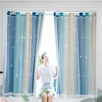 Yancorp Curtains For Girls Bedroom Kids Curtain Hollow-Out Star Window Nursery Curtain 84 Inches Length Room Darkening Grommet 2 Layers (Blue Beige, W34 X L84)