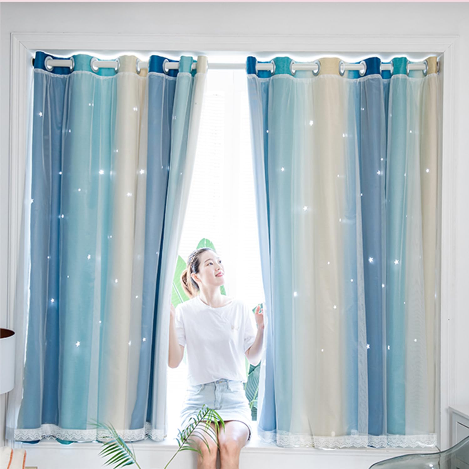 Yancorp Curtains For Girls Bedroom Kids Curtain Hollow-Out Star Window Nursery Curtain 84 Inches Length Room Darkening Grommet 2 Layers (Blue Beige, W34 X L84)