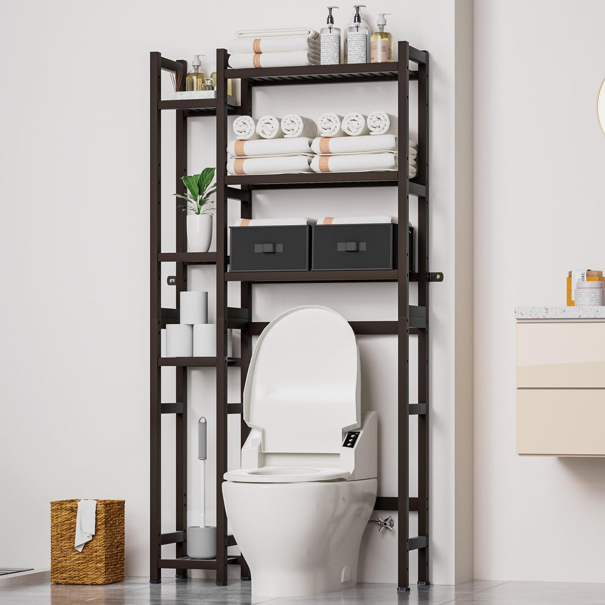 Homde Over The Toilet Storage With Basket And Drawer, Bamboo Bathroom Organizer With Adjustable Shelf & Waterproof Feet Pad, Space Saver Rack For Restroom, Laundry, Brown