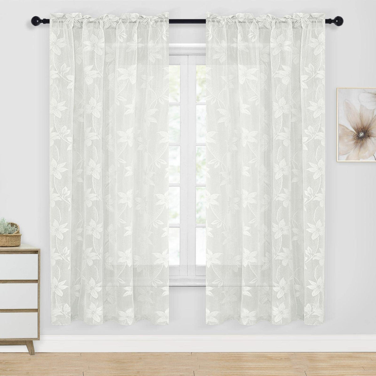 Dwcn White Sheer Curtains - Floral Lace Curtains 63 Inch Length Rod Pocket Window Voile Sheer Drapes For Bedroom Kitchen Short C