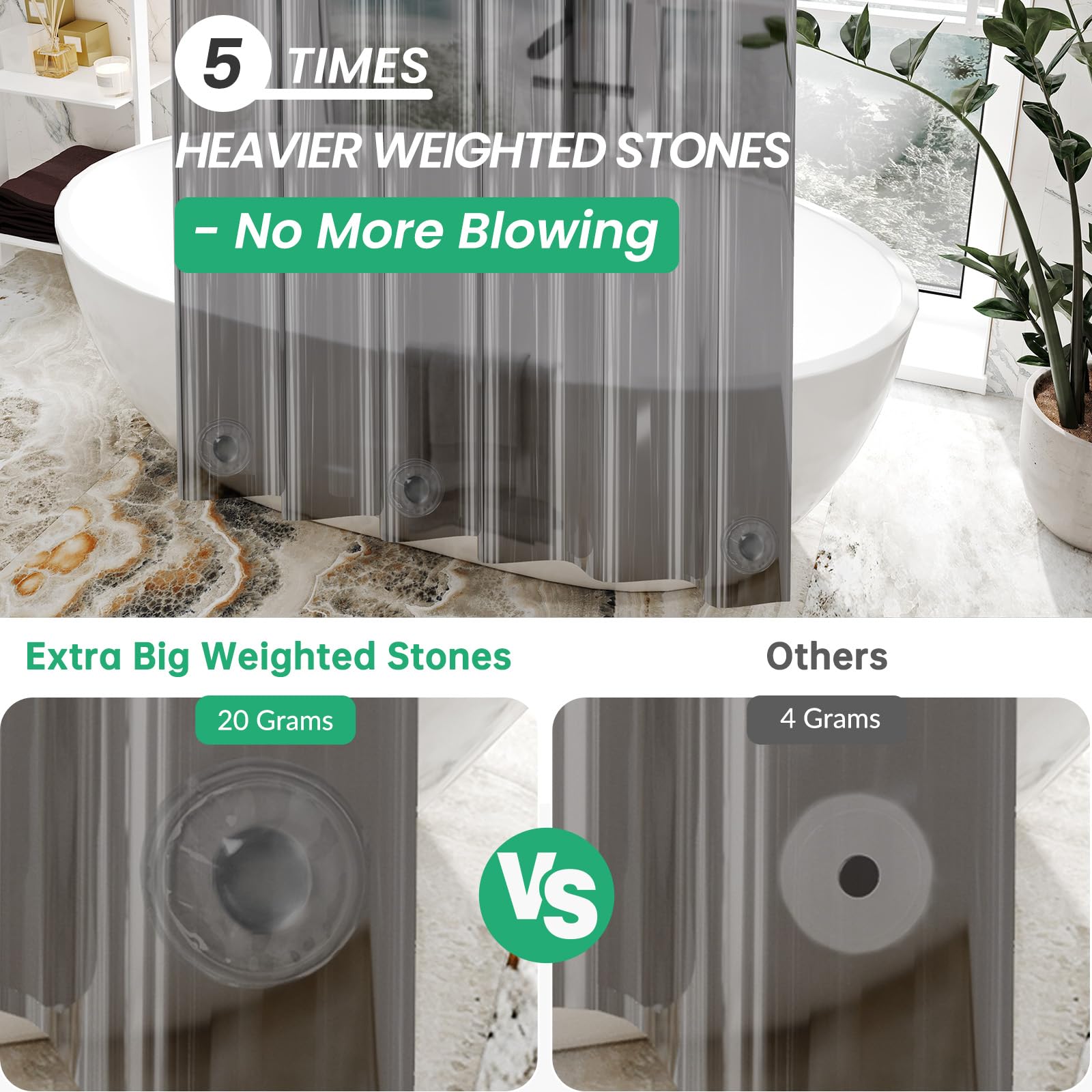 Amazerbath Premium Eva Shower Curtain Clear Grey, Luxury Shower Curtain Grey Jelly-Like Soft, Waterproof Bathroom Shower Curtain