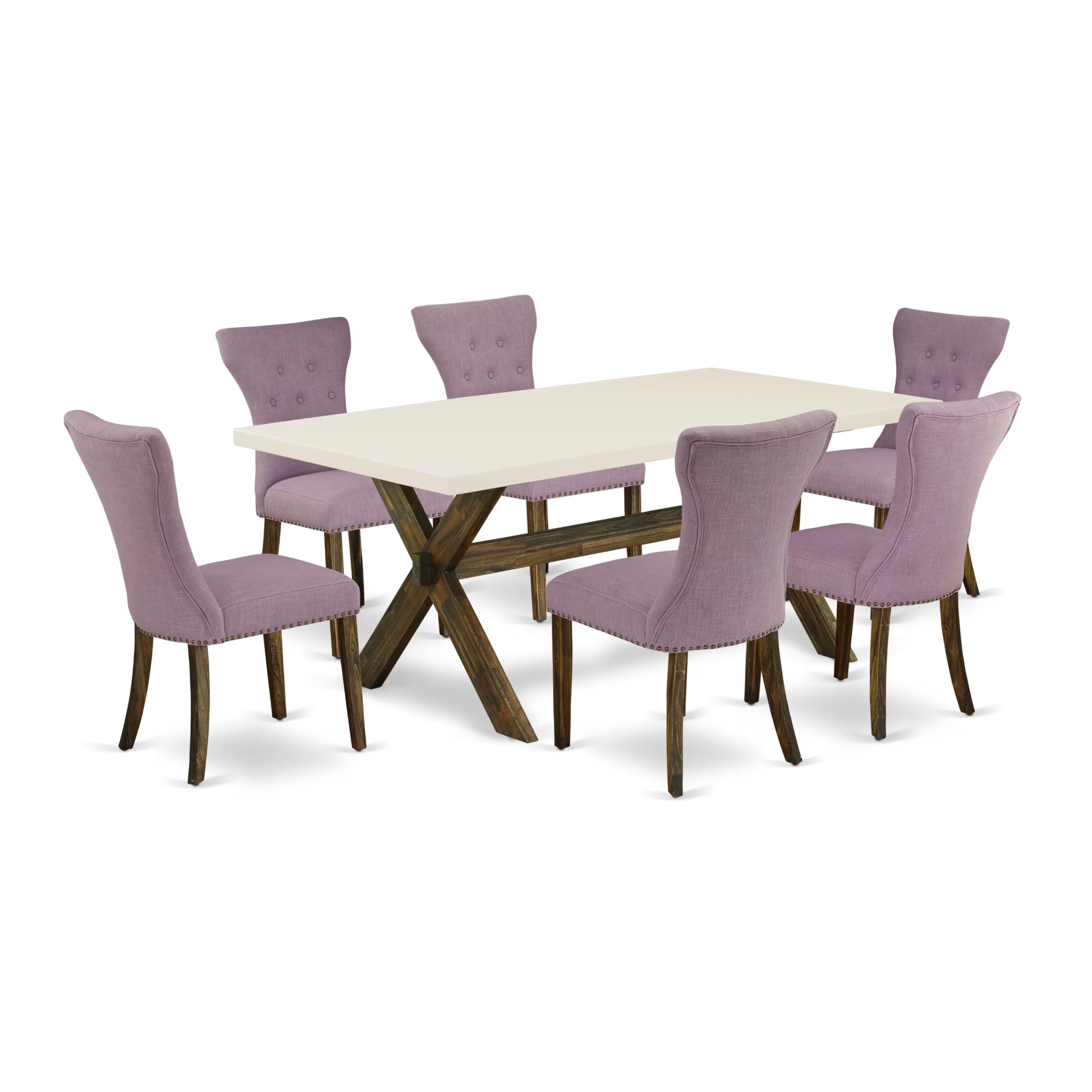East West Furniture X727Ga740-7 7 Piece Kitchen Table Set Consist Of A Rectangle Dining Table With X-Legs And 6 Dahlia Linen Fabric Parson Dining Room Chairs, 40X72 Inch, Multi-Color