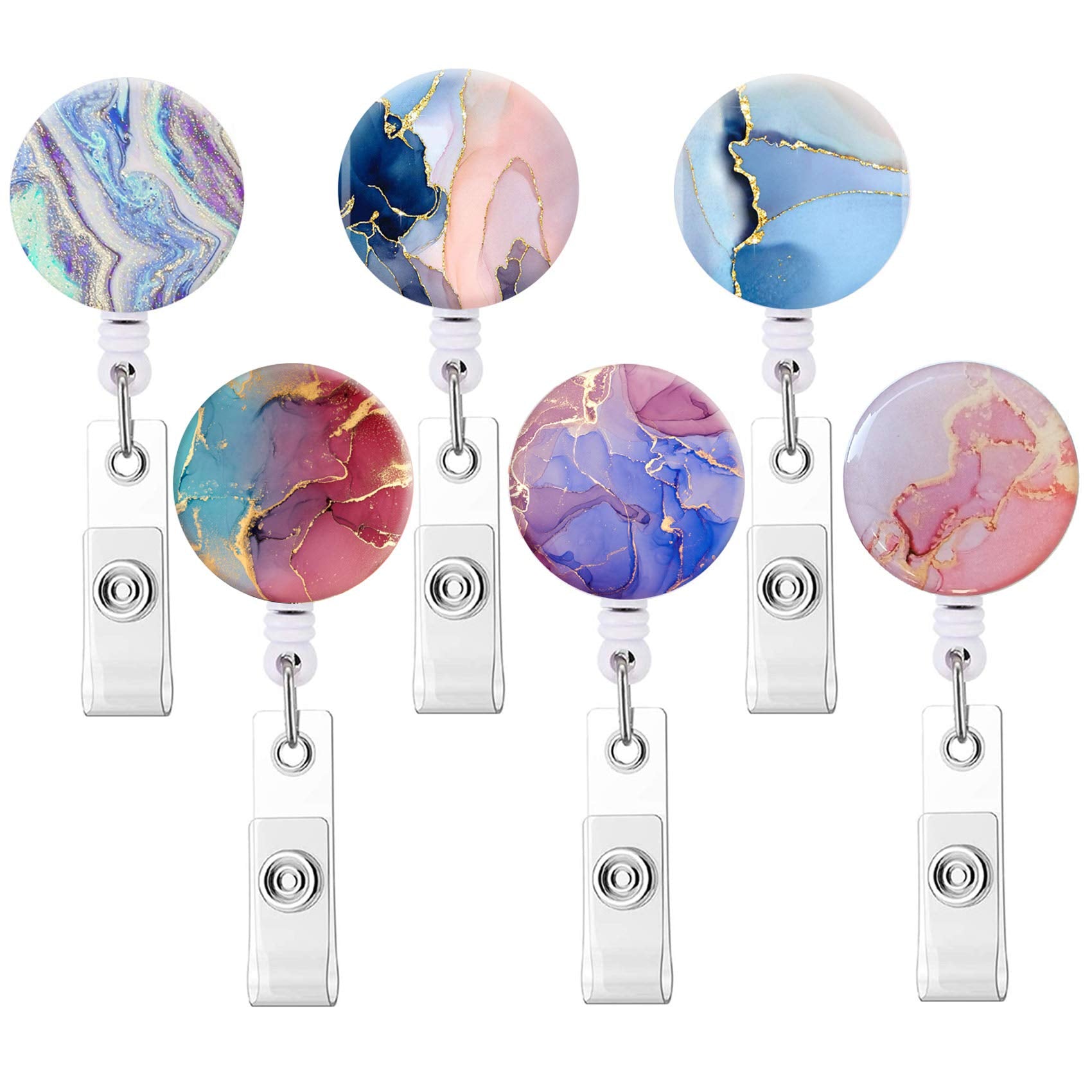 Retractable Badge Holders, Cute Nursing Badge Reel, Badge Clip Id Card Holders (6Pack Pretty Marble)