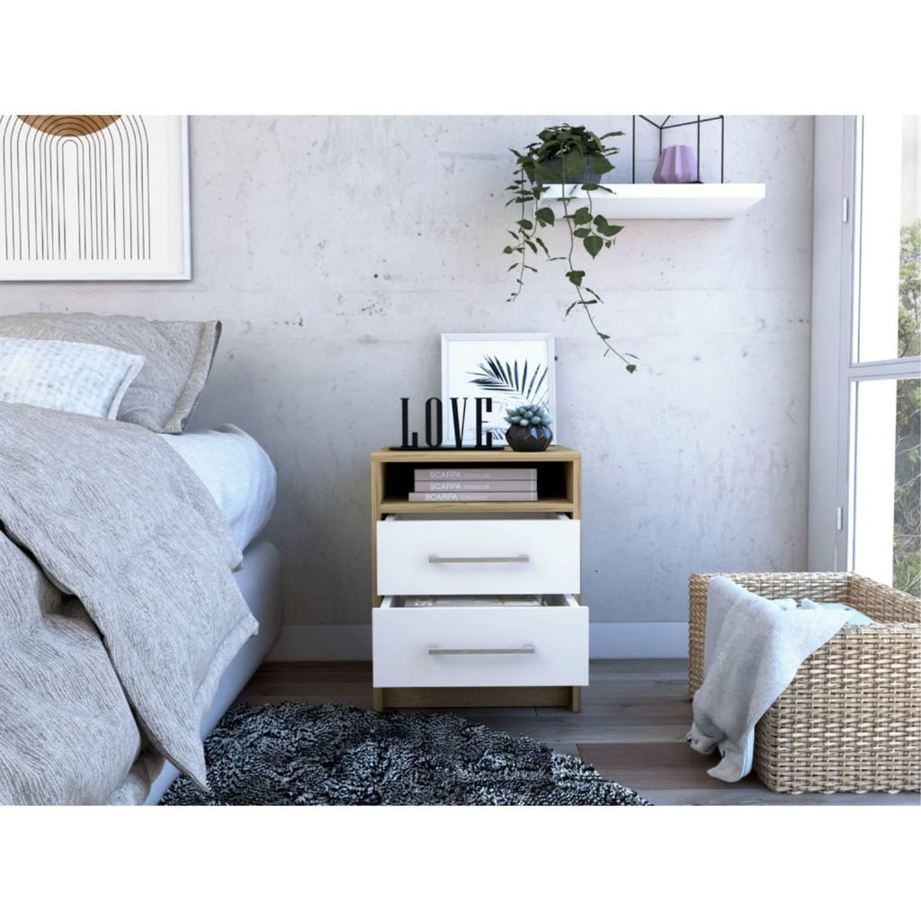 Nightstand 20" H, 2 Drawers, Superior Top, Metal Handles, White/Light Oak