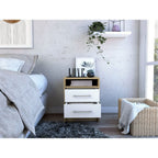 Nightstand 20" H, 2 Drawers, Superior Top, Metal Handles, White/Light Oak