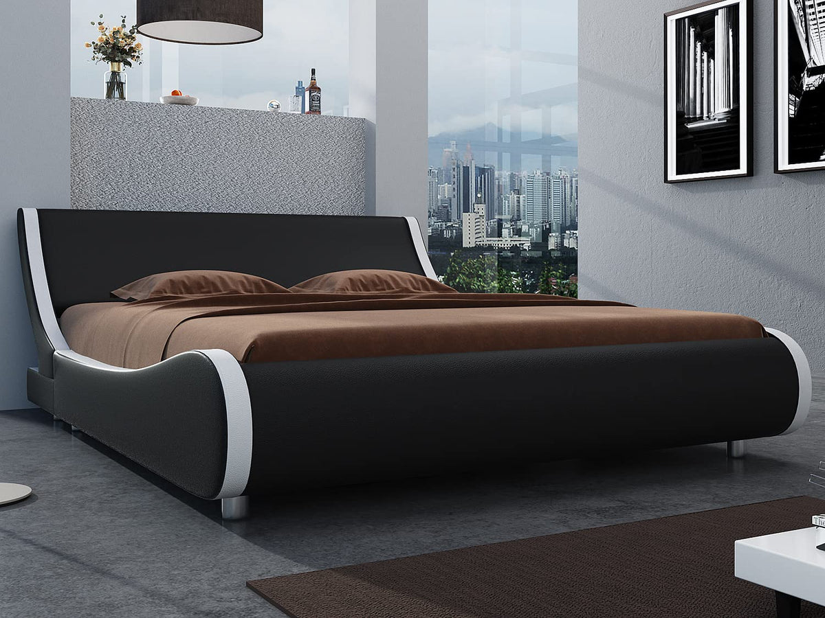 SHA CERLIN Modern Low Profile Platform Bed Frame Full Size, Stylish Faux Leather Upholstered Sleigh Bed with Adjustable Headboar
