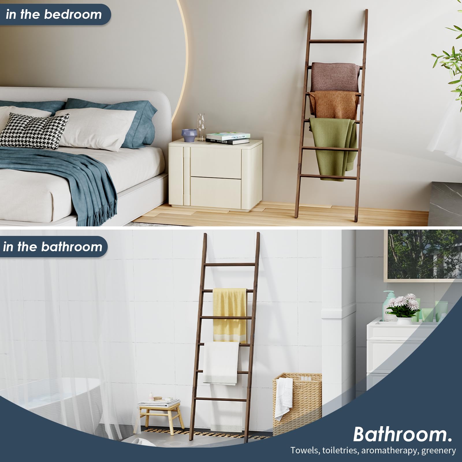 Acacia Wood 6-Tier Blanket Ladder, 5.7Ft(66.5'') Blanket Quilt Towel Holder Rack Decorative Ladder Wooden, Easy Assembly, Rustic