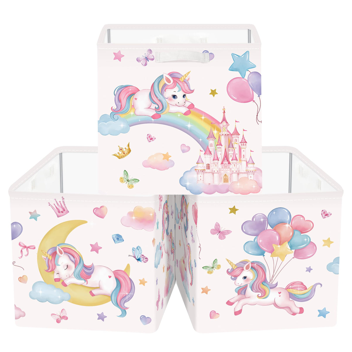 HUUMONSS 11.8 Fantasy Unicorn Cube Storage Organizer Set 3Pcs Rainbow Star Moon Cube Storage Bin for Bedroom Pink Balloon Kid B