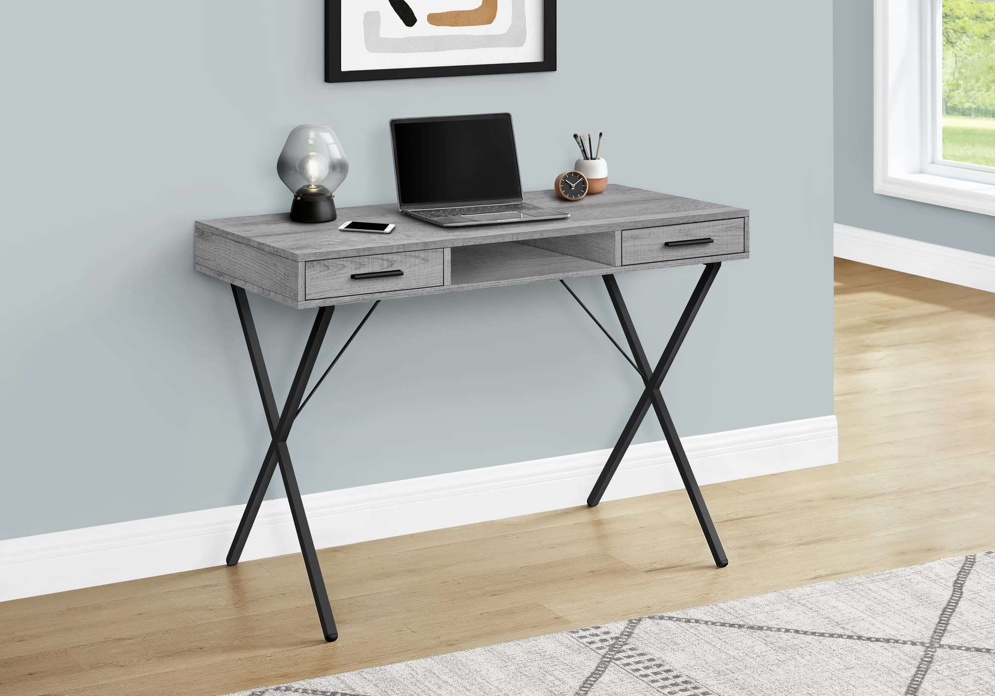 Monarch Specialties I 7792 Computer Desk, Home Office, Laptop, Left, Right Set-up, Storage Drawers, 42&quot; L, Work, Metal, Laminate, Grey, Black, Contemporary