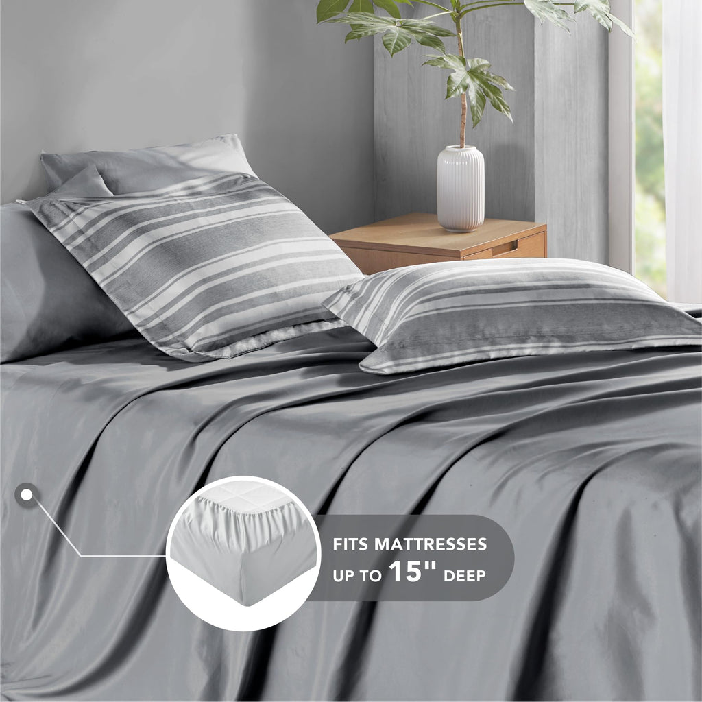 King Size Bed In A Bag, Full Bedding Sets, Modern Farmhouse Grey And White Striped Comforter With Sheets, 7-Piece Complete Bedro