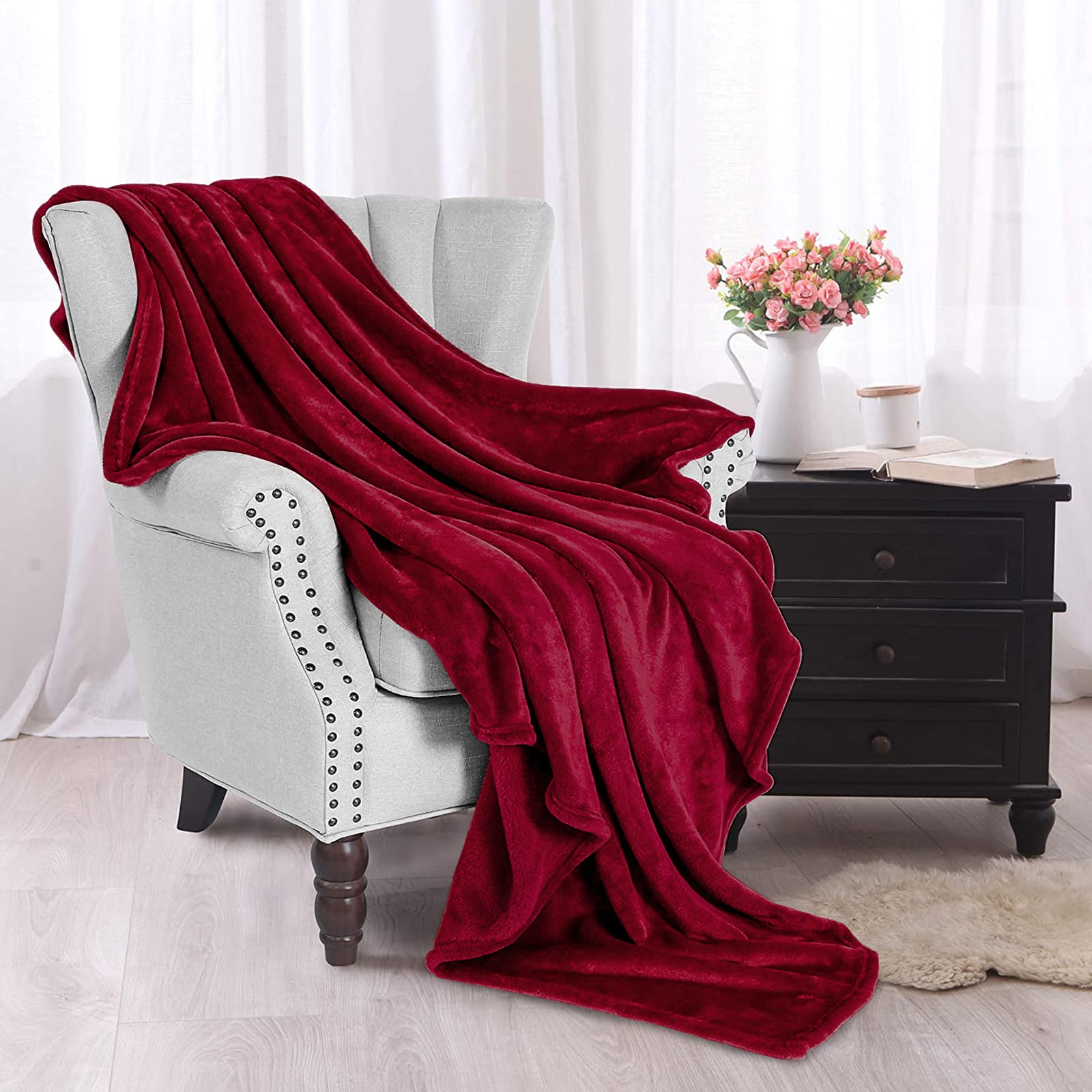 Exclusivo Mezcla Fleece Throw Blanket For Couch, Sofa, Super Soft And Warm Blankets, Deep Red Throw For Fall And Winter, Cozy, P