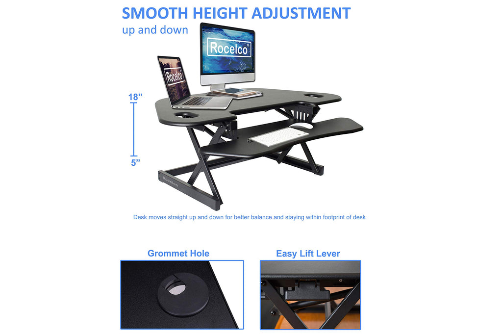 Rocelco 46" Height Adjustable Corner Standing Desk Converter with Dual Monitor Arm Bundle - Quick Sit Stand Up Computer Workstation Riser - Extra Large Keyboard Tray - Black (R CADRB-46-DM2)