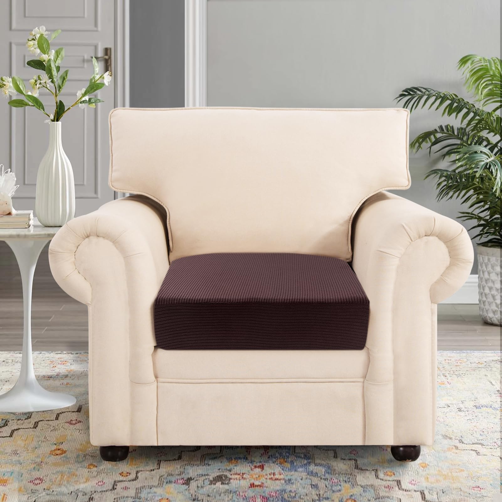 Searchi Stretch Jacquard Sofa Couch Cushion Covers Replacement Cushion Slipcovers Stretch Sofa Seat Cover Furniture Protector Sofa Slipcover Soft With Elastic Bottom(Small, Reddish Brown)