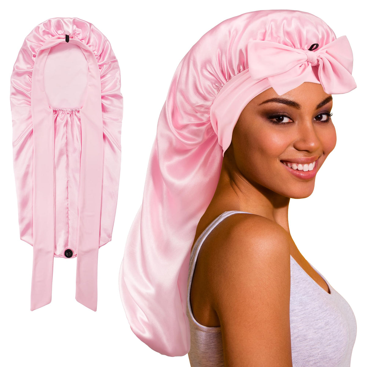 ROYBENS Long Bonnet Satin Bonnet Silk Bonnet for Sleeping Women, Bonnet with Tie Band Sleep Cap, Silk Hair Bonnet for Braids Cur