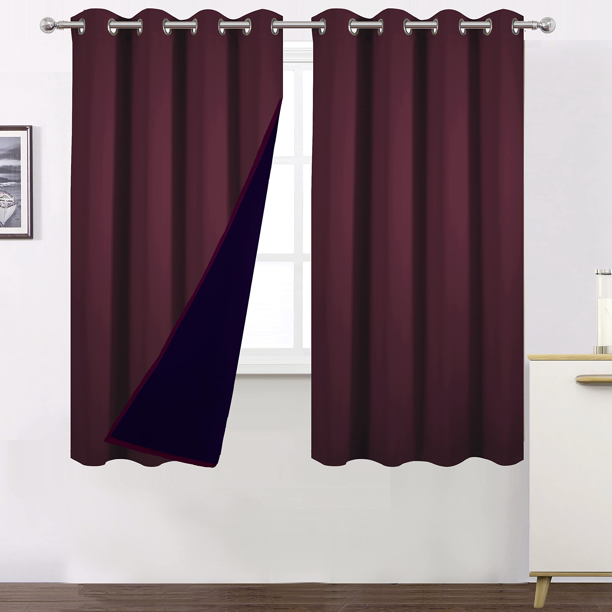 Lemomo 100% Blackout Curtains 52 X 63 Inch/Burgundy Red Curtains 2 Panels With Black Lining Room Darkening Thermal Insulated Bed