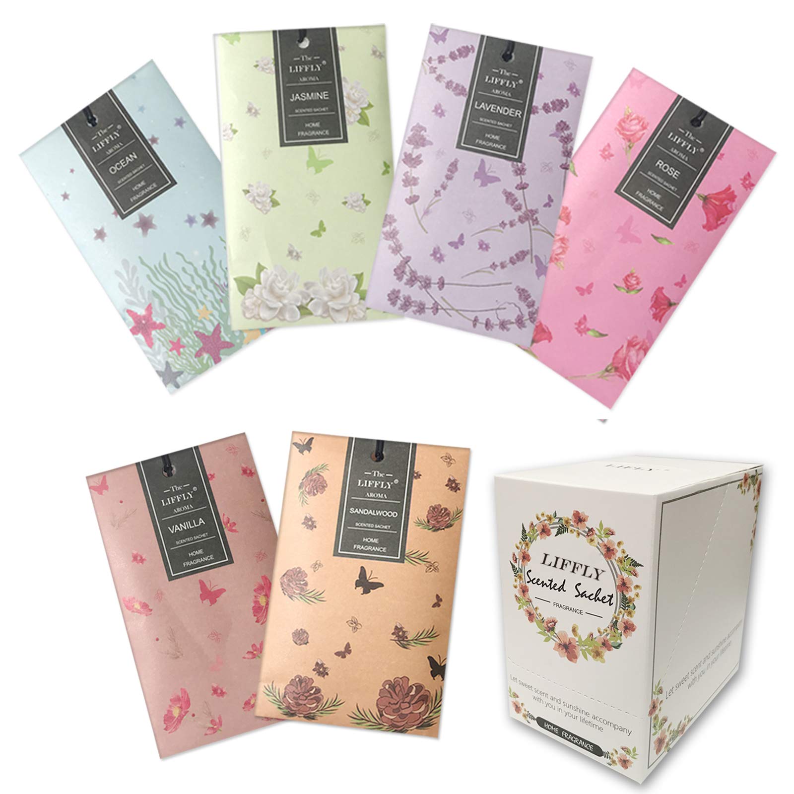 LIFFLY 14 Packs Scented Sachets Bag for Drawers and Closets Long-Lasting Home Fragrance Sachet Lavender Rose Jasmine Ocean Vanil