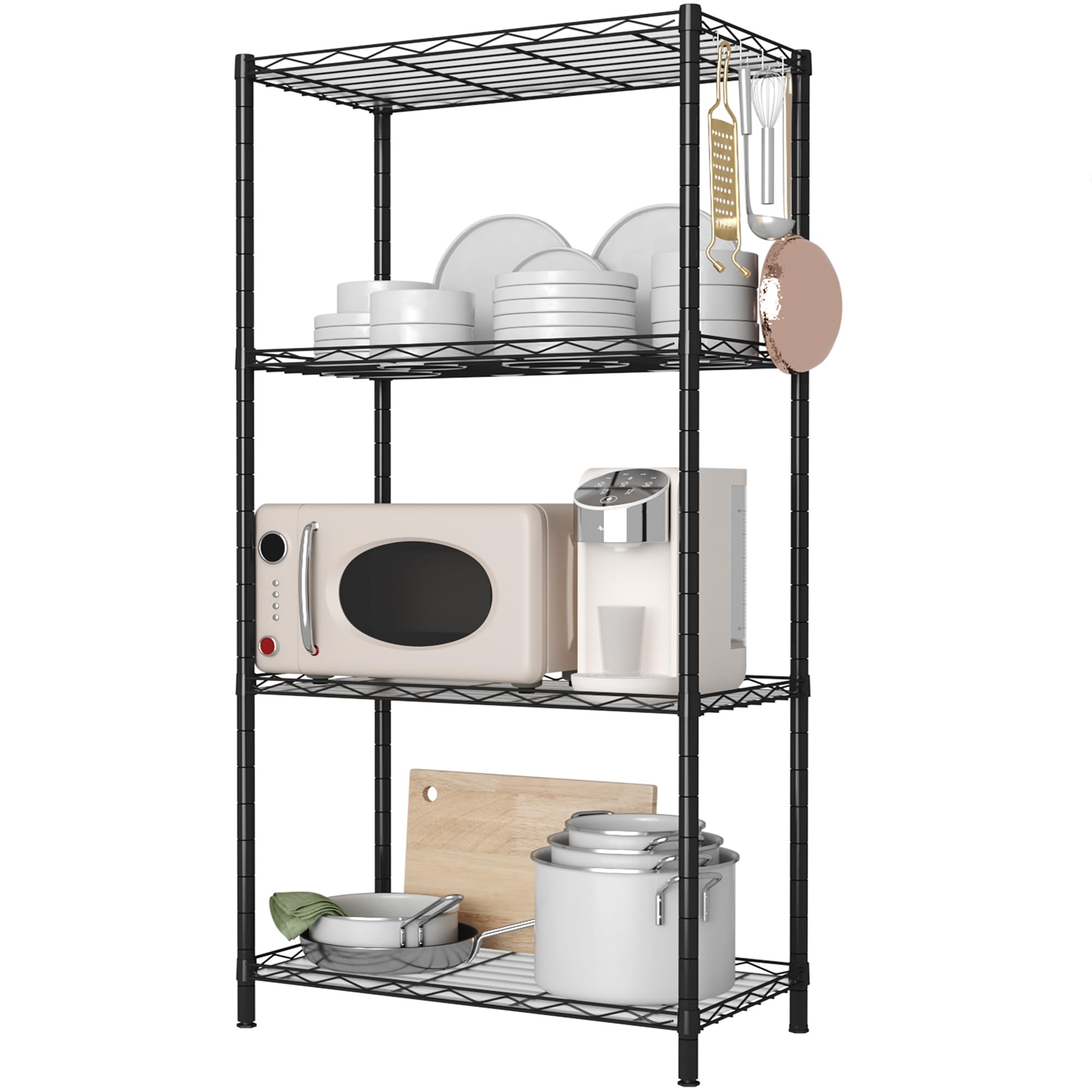 Homefort 4-Shelving Unit, Adjustable Wire Shelving, Metal Wire Shelf With Shelf Liners And Hooks For Kitchen, Closet, Bathroom, Laundry, Black,21' W X 11' D X 43' H