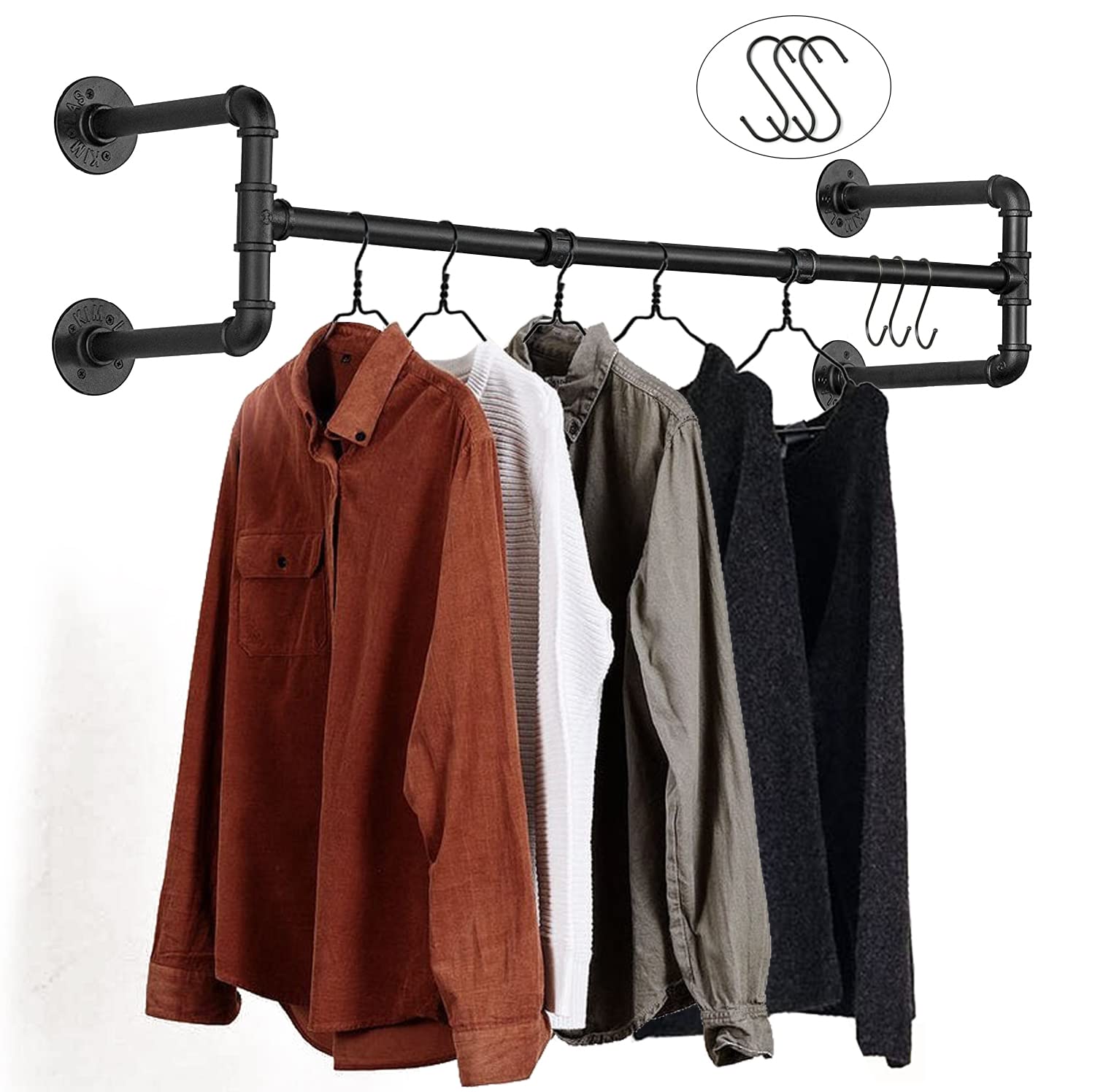 Varsoul Wall Mounted Clothes Rack - 54Industrial Pipe Clothing Garment Rack, Space-Saving Heavy Duty Detachable Black Iron Cloth