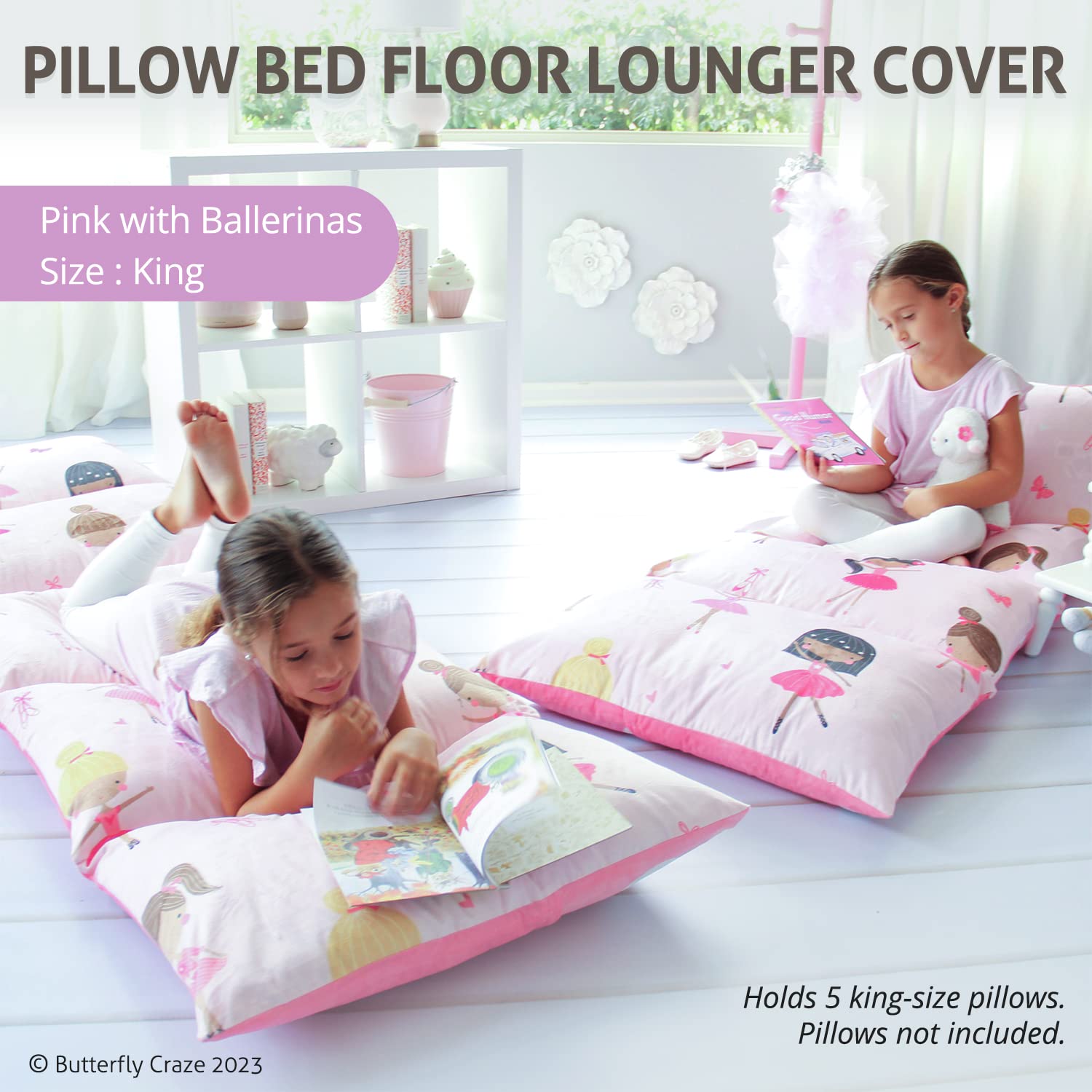 Butterfly Craze Floor Pillow Case, Mattress Bed Lounger Cover, Pink Ballerina, King Size - Cozy Seating Solution For Kids & Adul