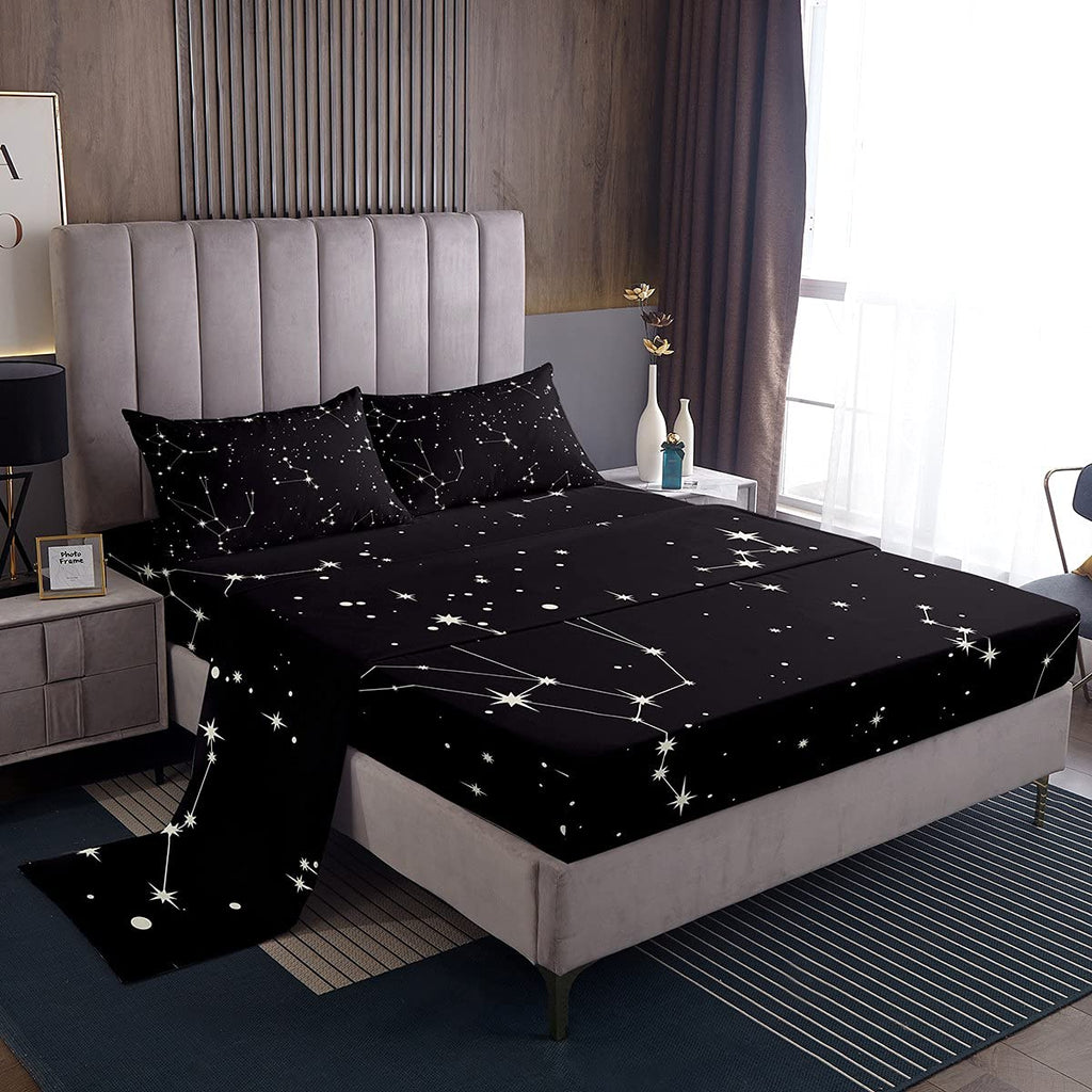 Galaxy Sheets Set Queen Size For Kids Girls Boys Outer Space Starry Sky Bedding Set Teens Constellation Twinkle Stars Bed Sheet Set Microfiber Super Soft Breathable Black White Milky Way Bed Cover