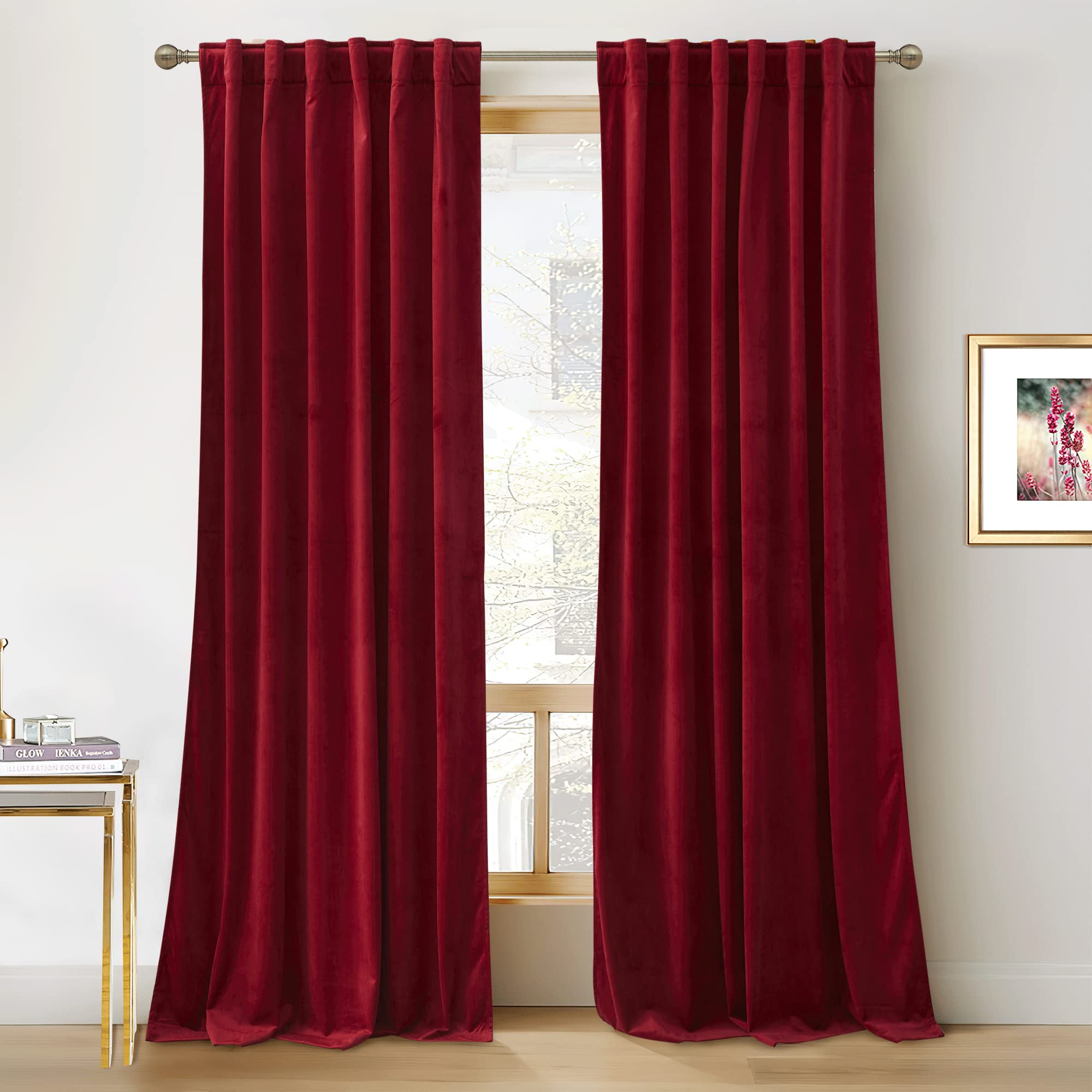RYB HOME Red Velvet Curtains 84 inches for Bedroom - Light & Heat Block Back Tabs Window Treatment Energy Efficient Privacy Prot