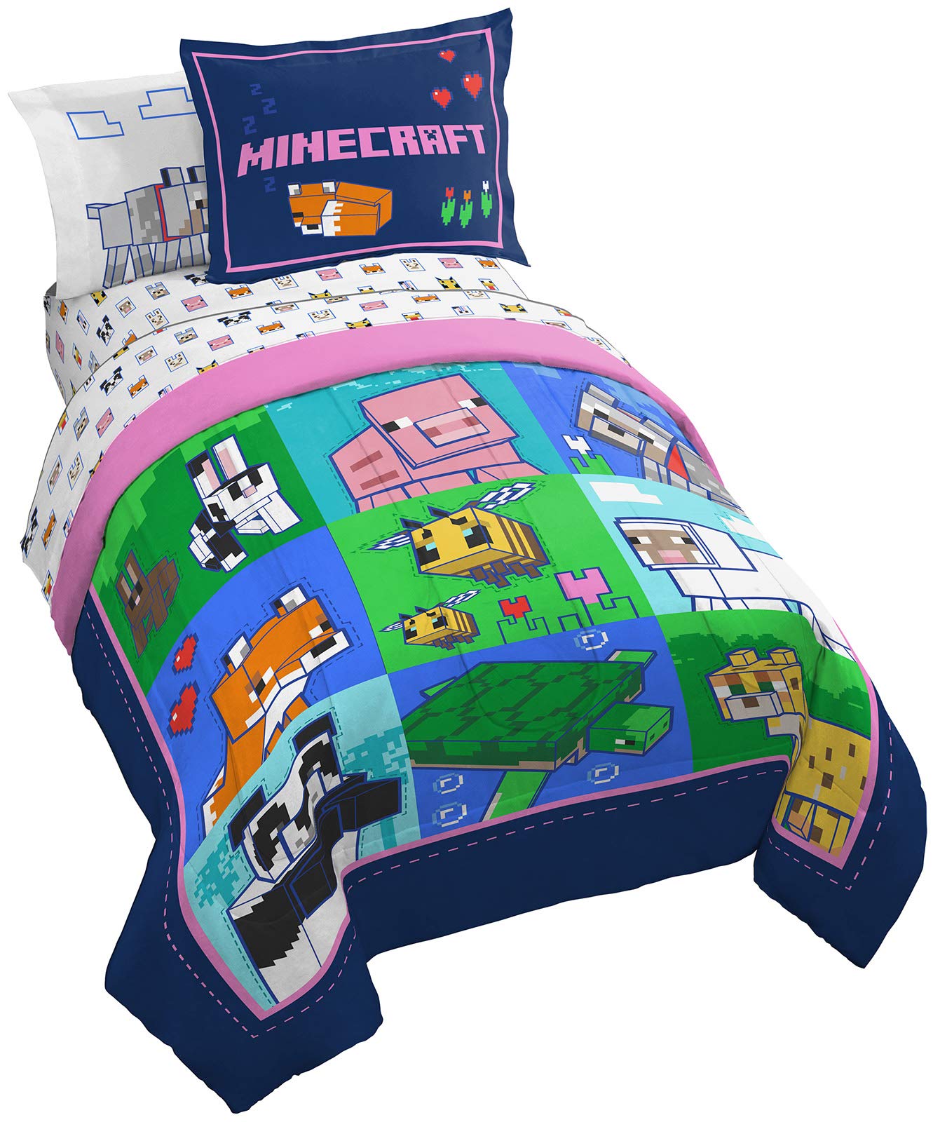 Jay Franco Minecraft Animal Patch 5 Piece Twin Bed Set - Includes Comforter & Sheet Set Bedding - Super Soft Fade Resistant Micr