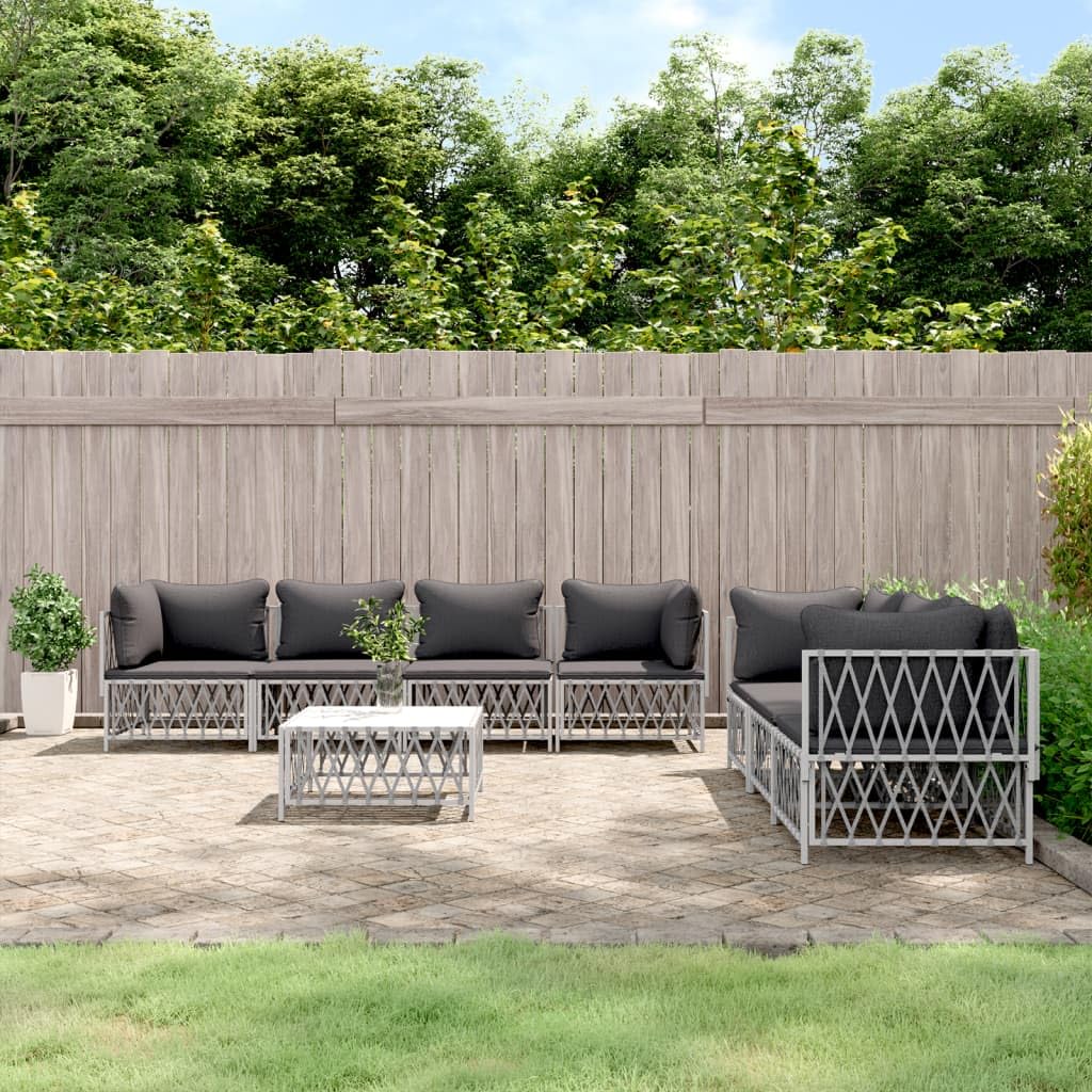 vidaXL 8 Piece White & Gray Patio Lounge Set with Cushions - Modular Outdoor Sofa Set - Durable Steel - Textilene - Woven Fabric - Comfortable Backrest