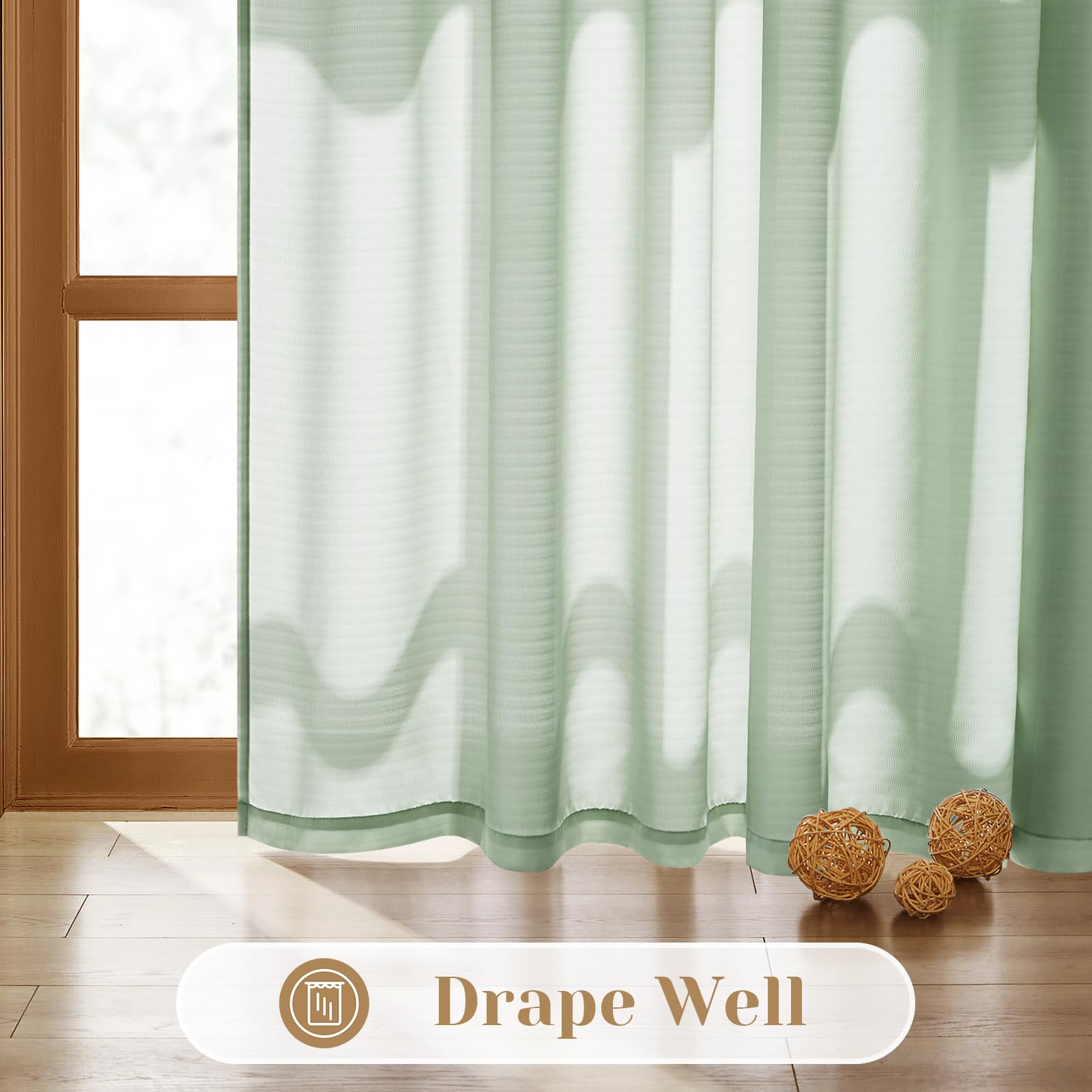 Homeideas Non-See-Through Sage Green Privacy Sheer Curtains 52 X 54 Inches Long 2 Panels Set, Fish Bone Pattern Semi Sheer Curta