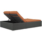 Modway Sojourn Wicker Rattan Outdoor Patio Sunbrella Fabric Double Chaise in Chocolate Tuscan