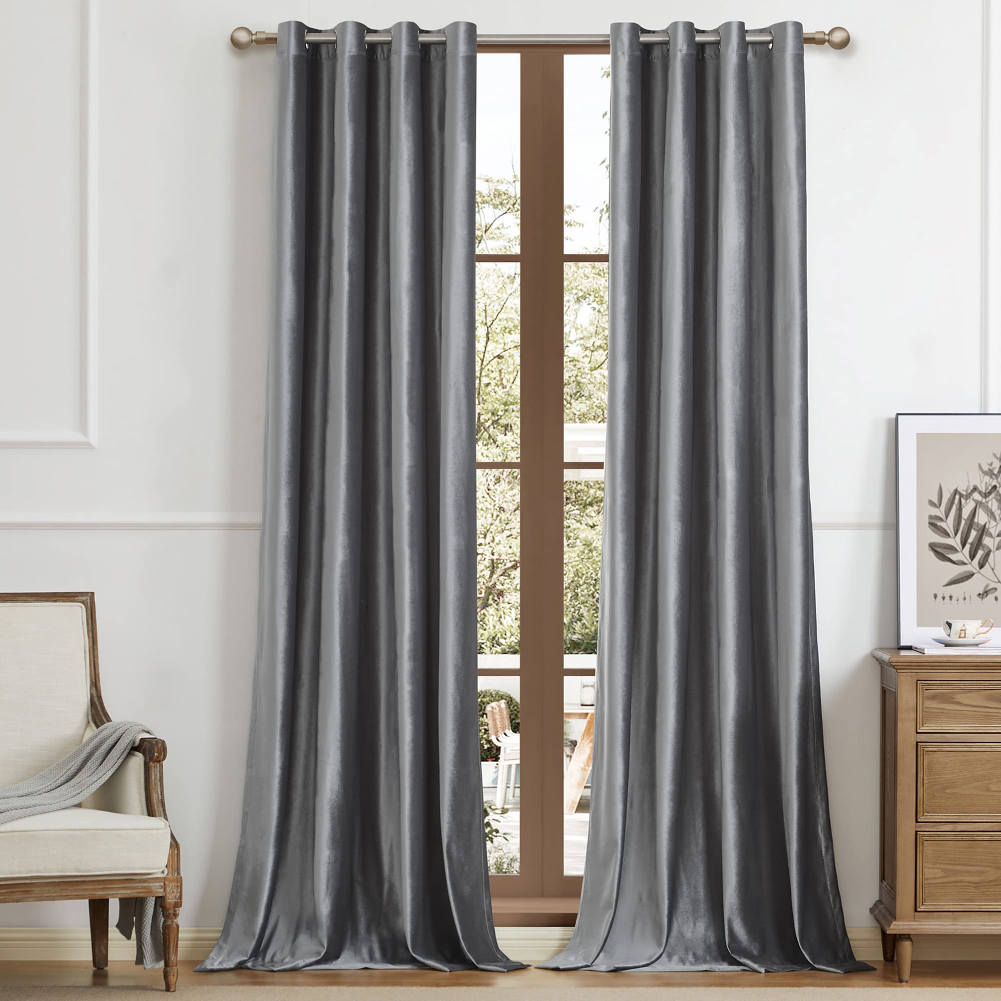 Bulbul Dark Grey Velvet Window Curtains 108 Inch Length- 2 Panels Living Room Gray Blackout Window Drapes Curtains Thermal Insul