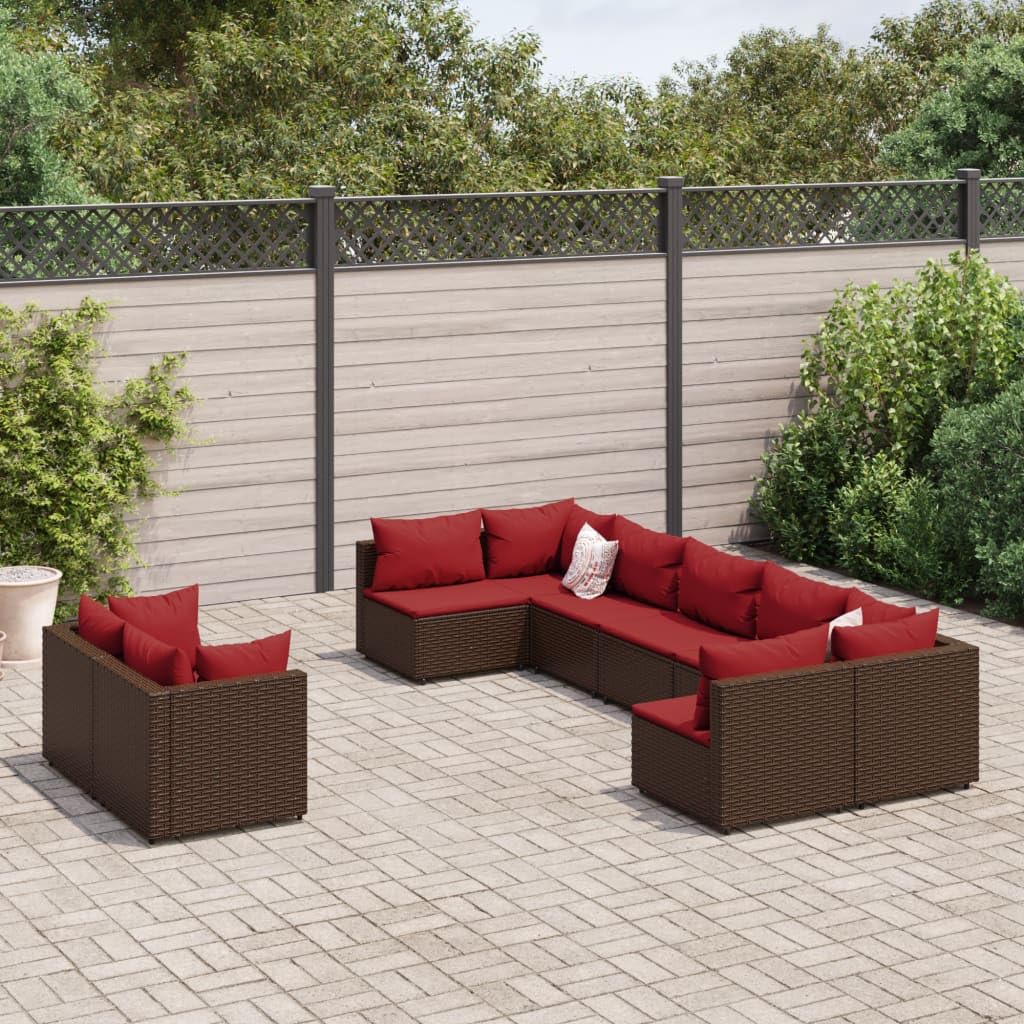 9 Piece Brown Poly Rattan Patio Sofa Set with Cinnamon Red Cushions - Thumbnail 2
