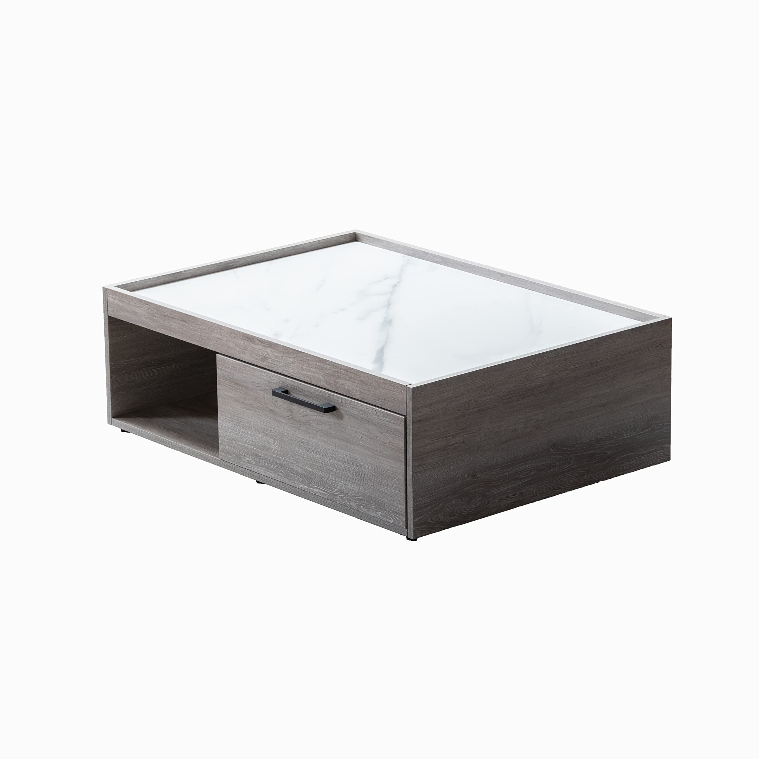 Lilola Home Apollo Gray Oak Finish Coffee Table with Faux Marble Finish Top with Drawer
