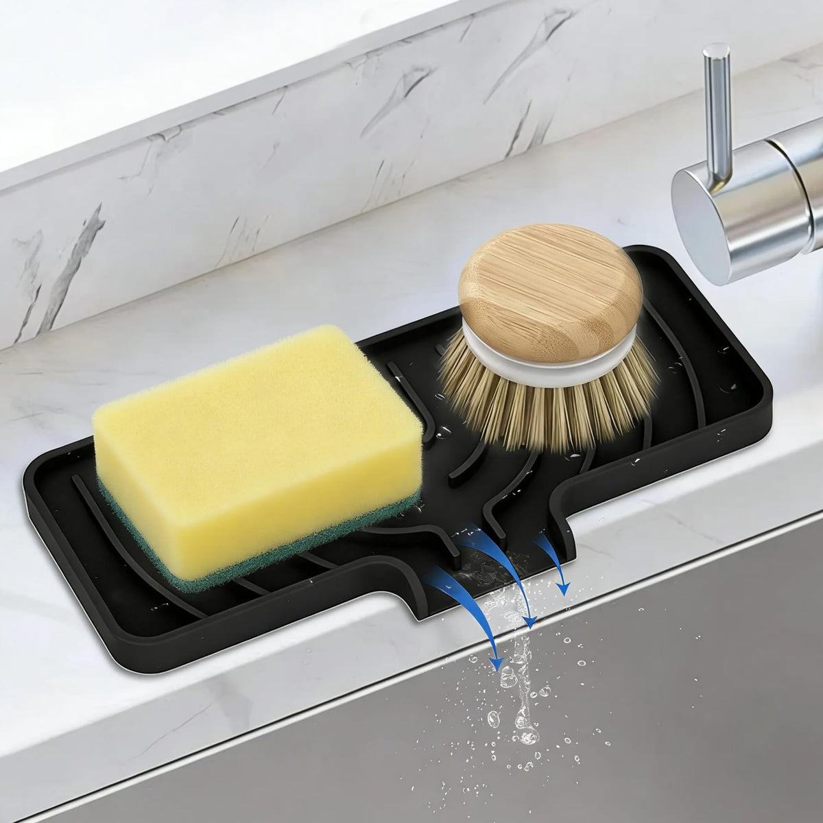 Silicone Sponge Holder for Kitchen Sink With Drain Spout, Self Draining, Kitchen Soap Tray, Bathroom Organizer, Sink Caddy (Blac
