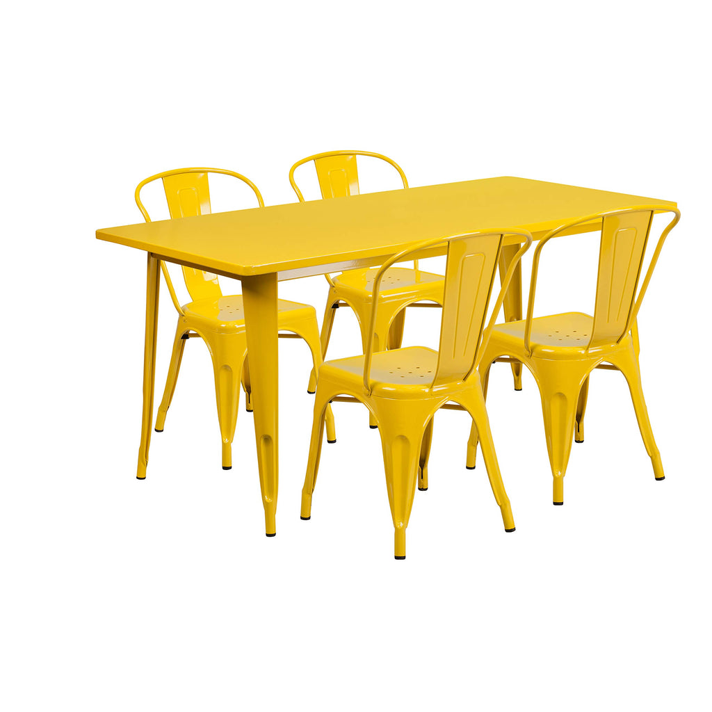 Flash Furniture Commercial Grade 31.5" x 63" Rectangular Yellow Metal Indoor-Outdoor Table Set with 4 Stack Chairs
