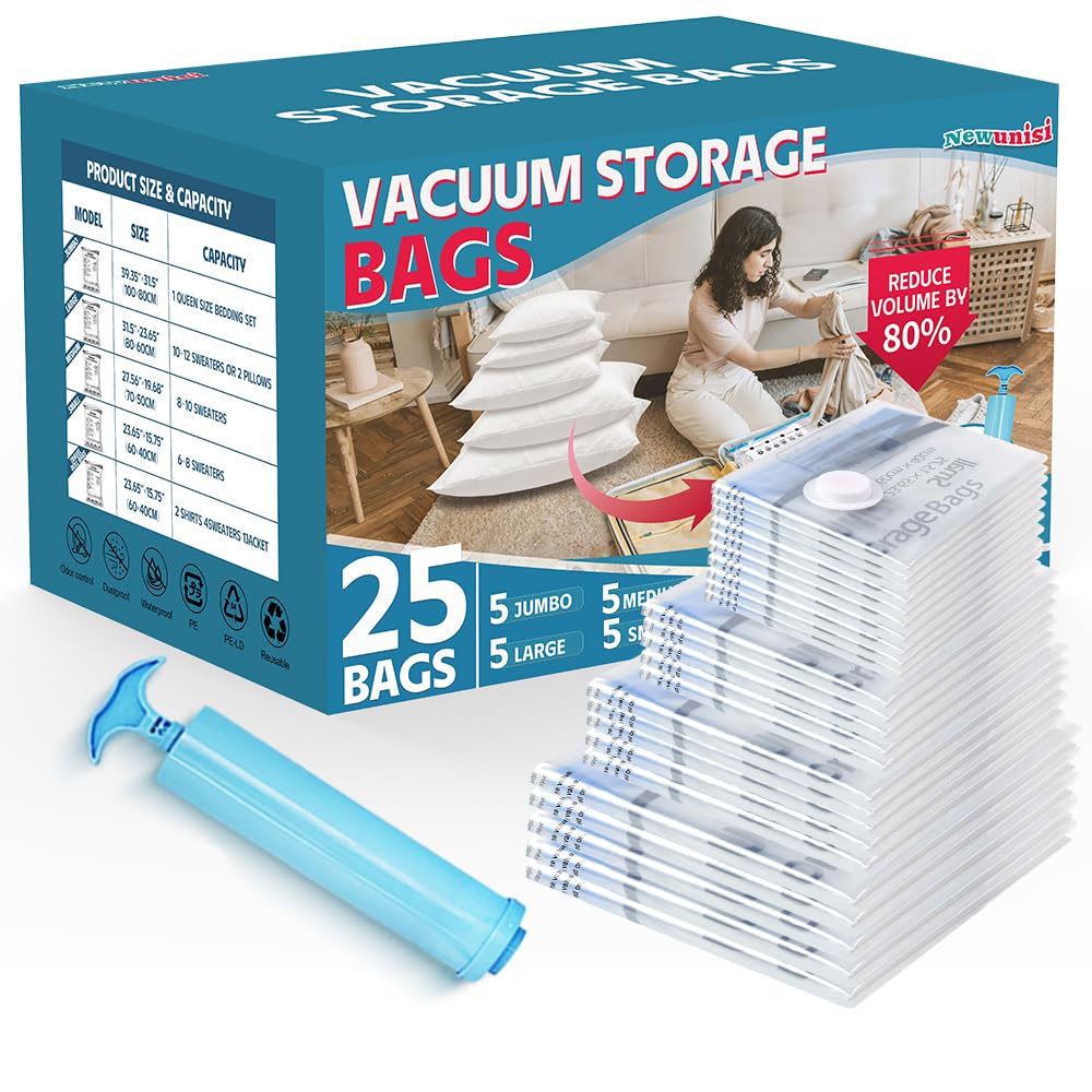 25 Pack Vacuum Storage Bags, Vacuum Seal Bags for Clothing, Comforters, Blankets, Space Saver Compression Bags with Hand Pump. (