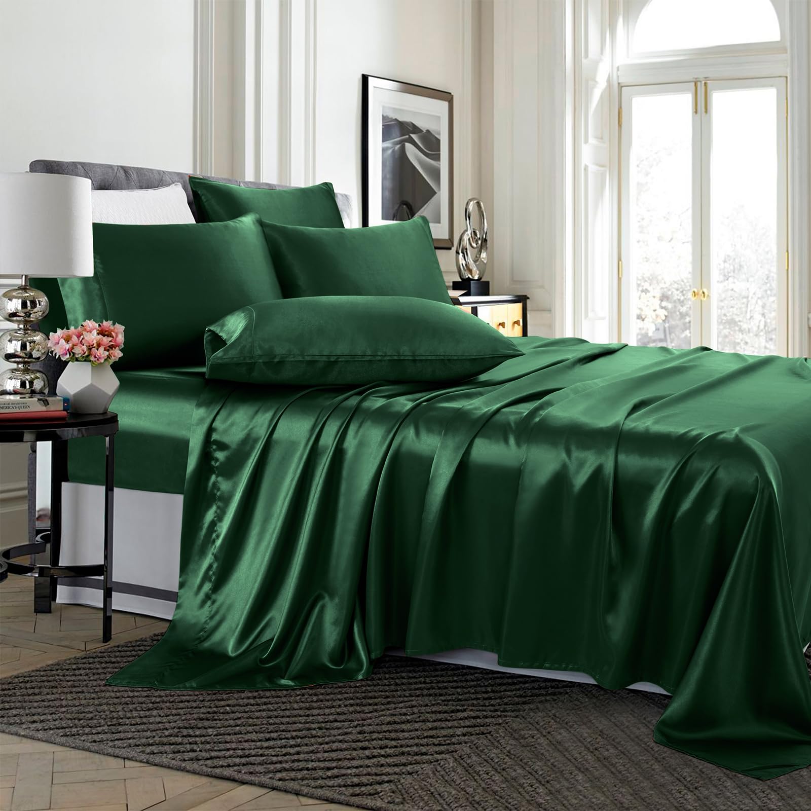 Treely Satin Sheets Queen Size - 6 Piece Blackish Green Soft Satin Bed Sheet Set With Deep Pocket, 1 Fitted Sheet +1 Flat Sheet