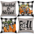 Geeory Fall Decorative Throw Pillow Covers 18X18 Inch Set Of 4, Pumpkins Thankful Blessed Buffalo Plaid Grey Fall Decor Outdoor