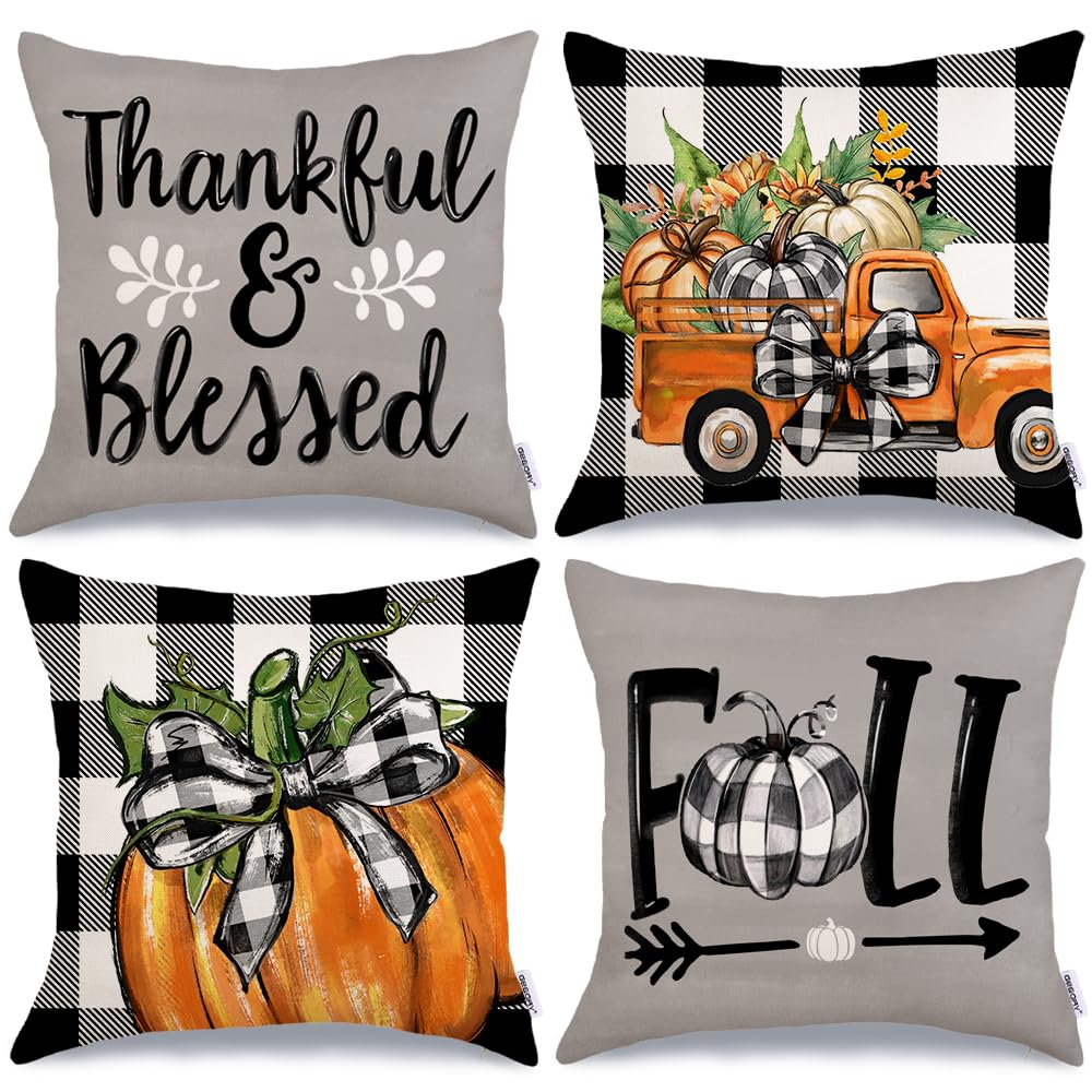 Geeory Fall Decorative Throw Pillow Covers 18X18 Inch Set Of 4, Pumpkins Thankful Blessed Buffalo Plaid Grey Fall Decor Outdoor