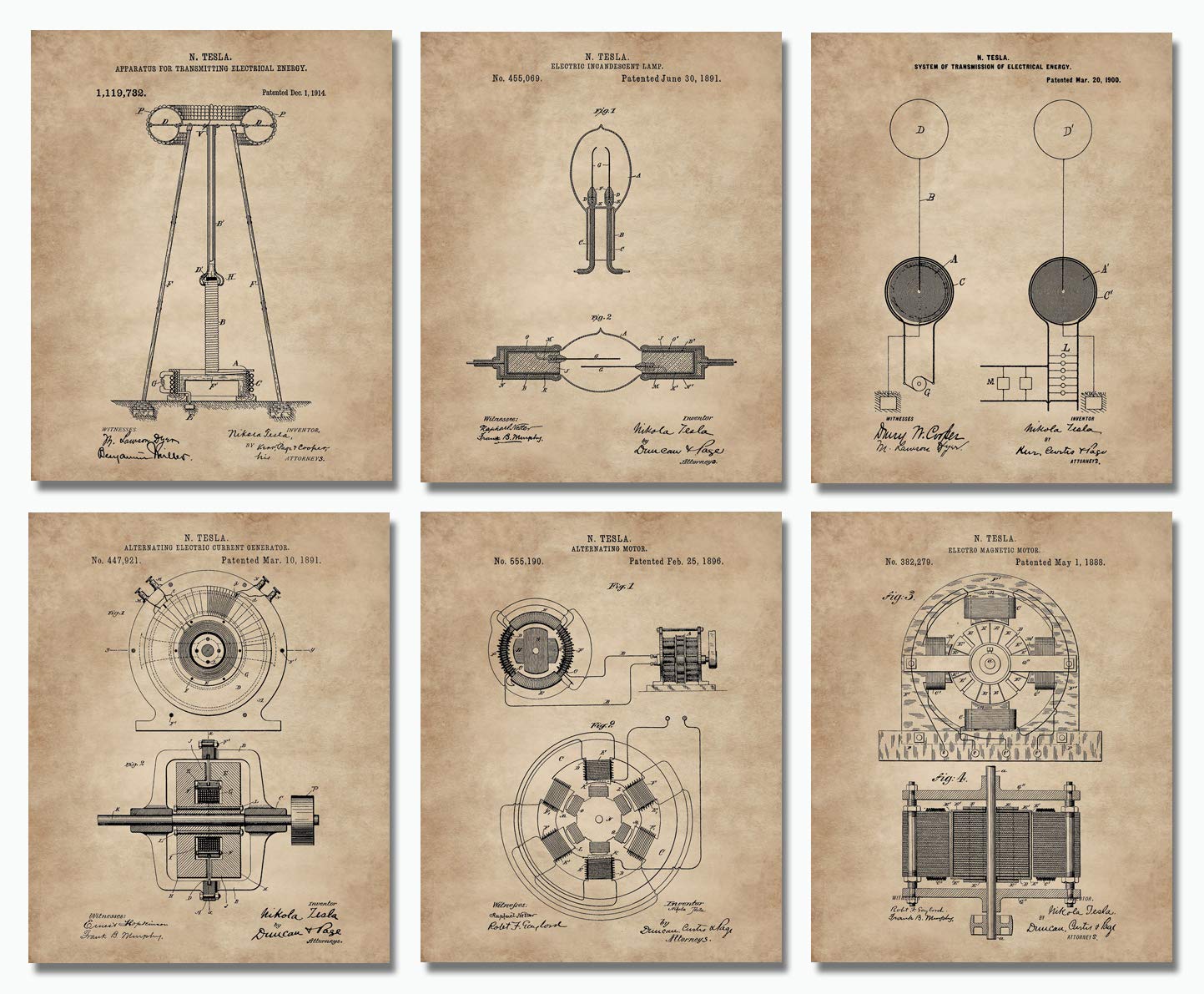Nikola Tesla Gifts for Engineers - Steampunk Wall Decor 6 (8x10) Unframed Wall Art Patent Prints - Industrial Artwork Home Decor