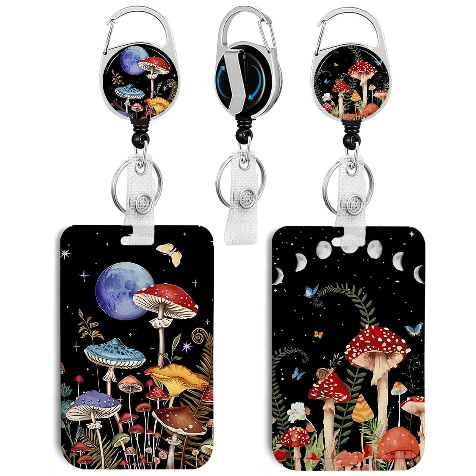 2 Pack Mushroom Id Badge Holder With Clip Badge Reels Retractable Heavy Duty,Keychain,Id Holder For School Nurse Office