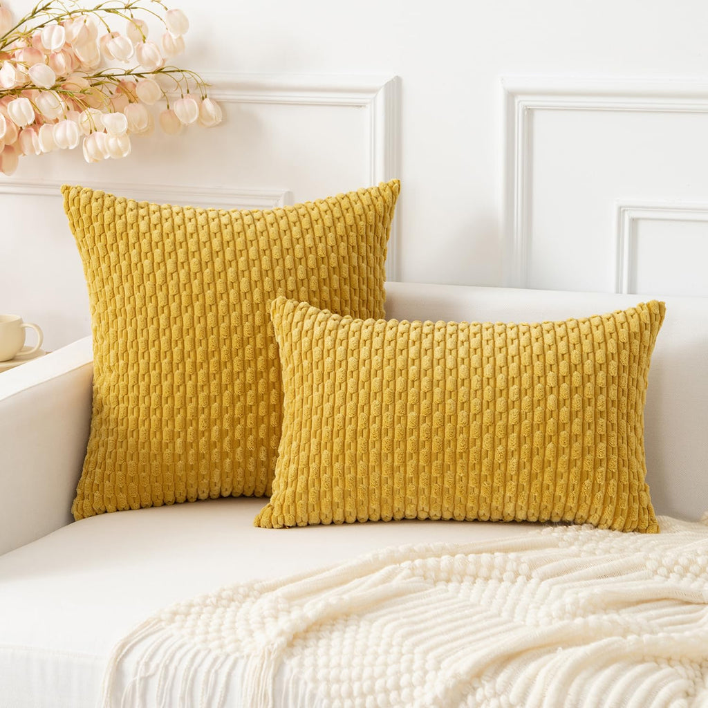 Kevin Textile Throw Pillow Covers Soft Corduroy Decorative Set Of 2 Boho Striped Pillow Covers Pillowcases Farmhouse Home Decor For Couch Bed Sofa Living Room 18X18 Inch Mustard Yellow