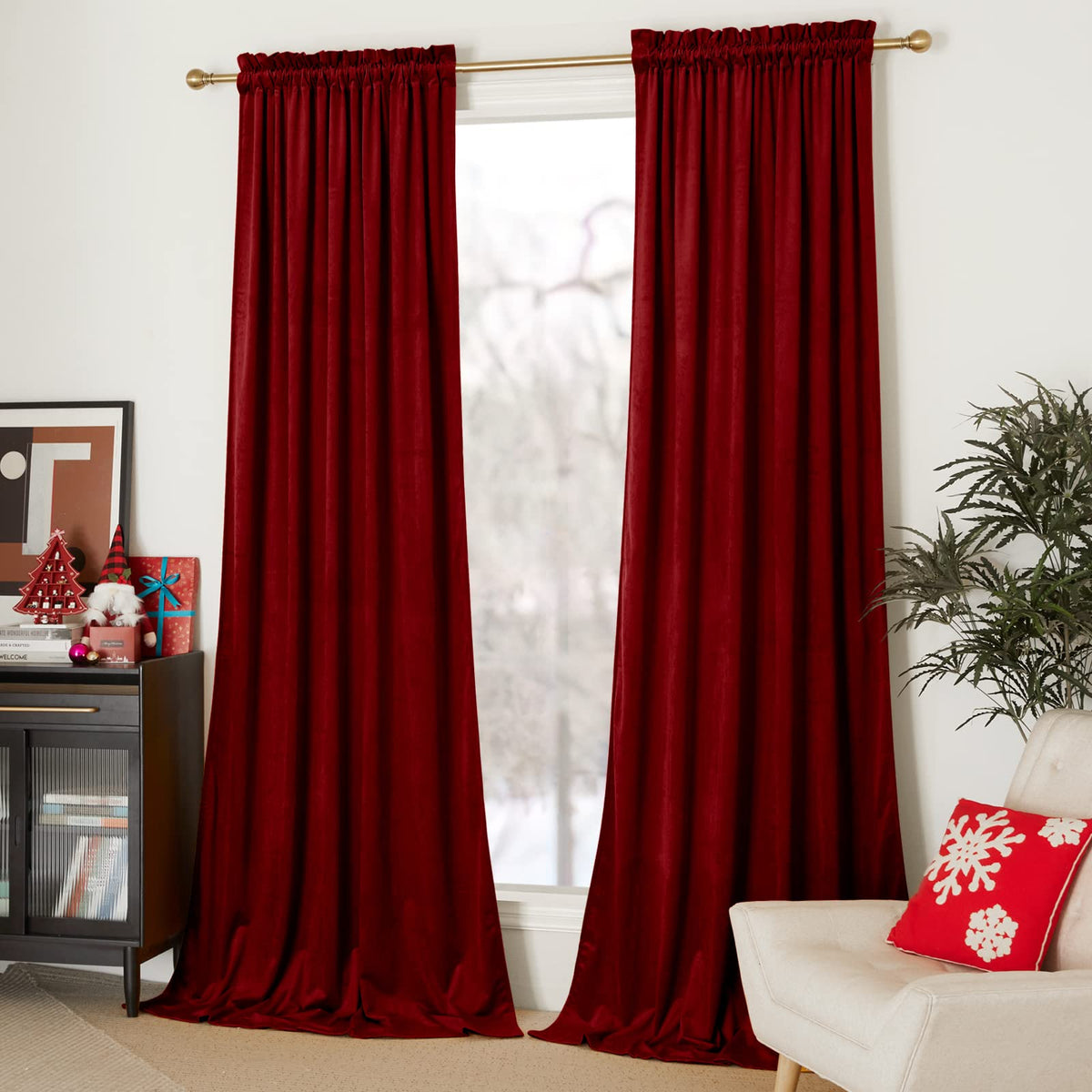 Nicetown Christmas Red Velvet Curtains 90 Inches Long 2 Panels Set (52-Inch Wide), Thermal Insulated Sound Reducing Blackout Cur