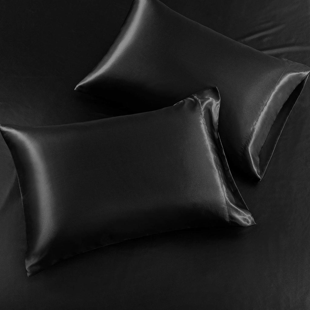 Siinvdabzx 3-Piece Set Satin Queen Fitted Sheet & 2 Pillowcase, Black Silky Soft Fitted Bottom Sheet, Wrinkle Free, Fade Resista