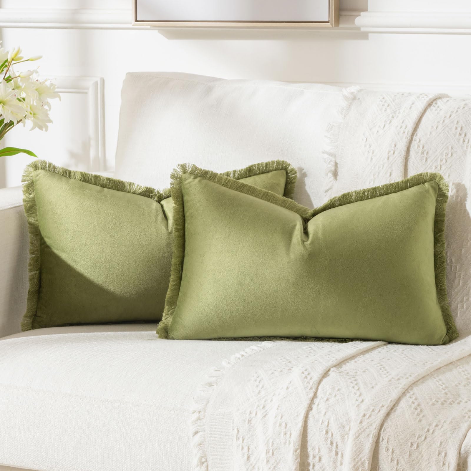 Futei Sage Green Boho Throw Pillow Covers With Tassels 12X20 Inch Set Of 2,Soft Velvet Lumbar Pillow Cases,Home Decor For Couch