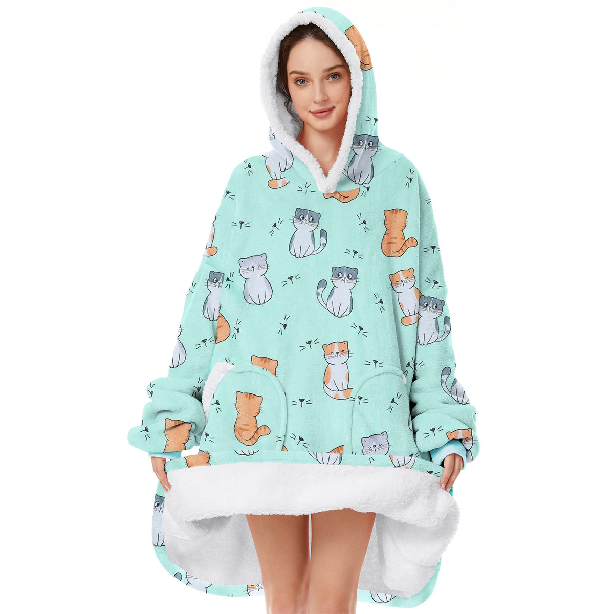 Wearable Blanket With Plush Pockets, Oversized Sherpa Thick Warm Hoodie Blanket Big Sweatshirt, Gifts For Women Men Kitty