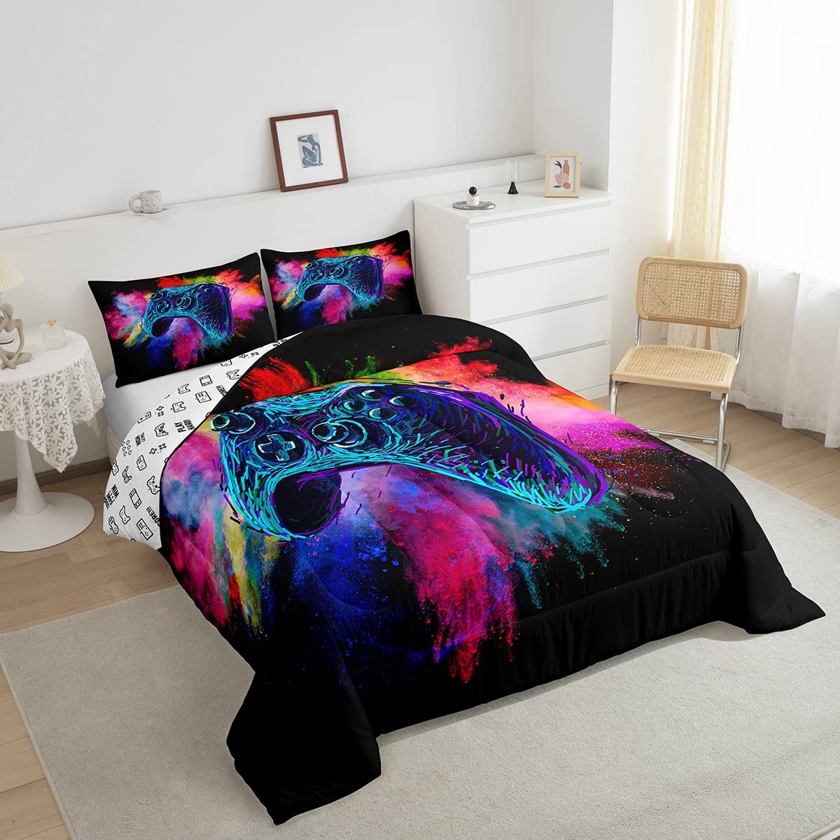 Kids Gamer Twin Size Comforter Set For Boys Teen Gaming Bedding Sets Video Game Room Deocr Girls Colorful Tie Dye Bed Set Navy B