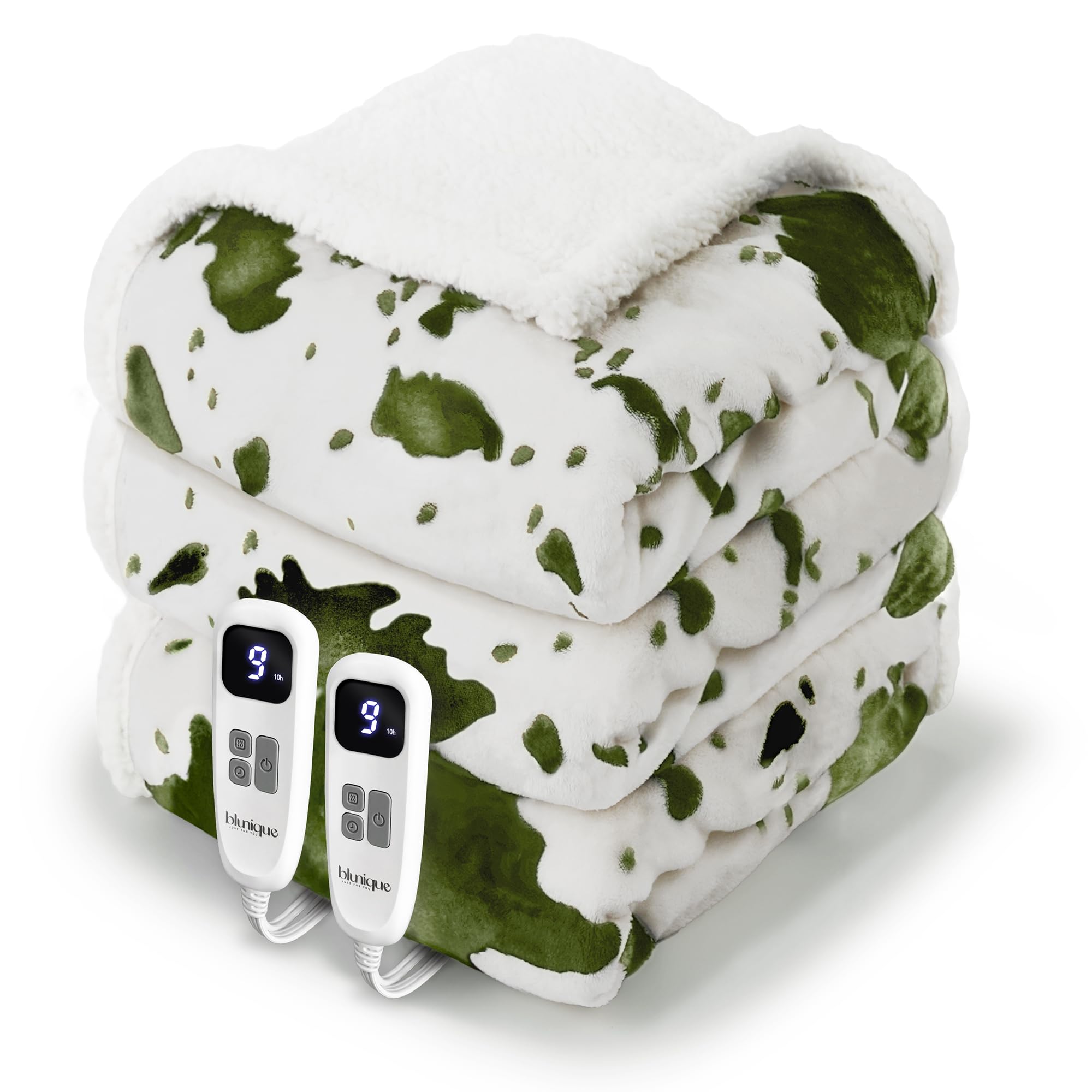 blunique Cow Print Electric Heated Blanket Queen-Dual Control Heating Blanket Queen Size with 10 Heat Levels & 10 Hours Auto-Off