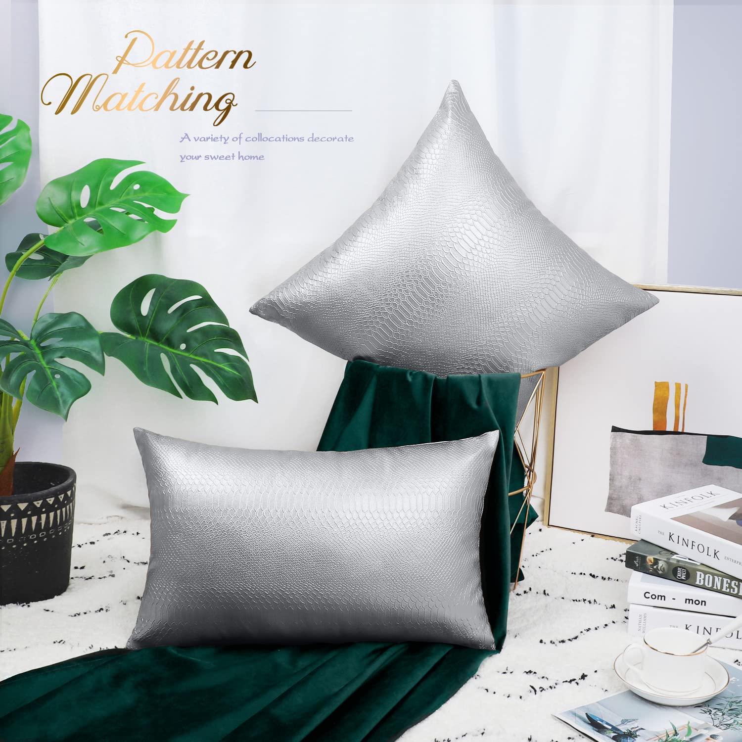 Brawarm Silver Leather Throw Pillows 12 X 20 Inches, Snake Leather Pillow Covers Pack Of 2, Faux Leather Decorative Lumbar Pillo