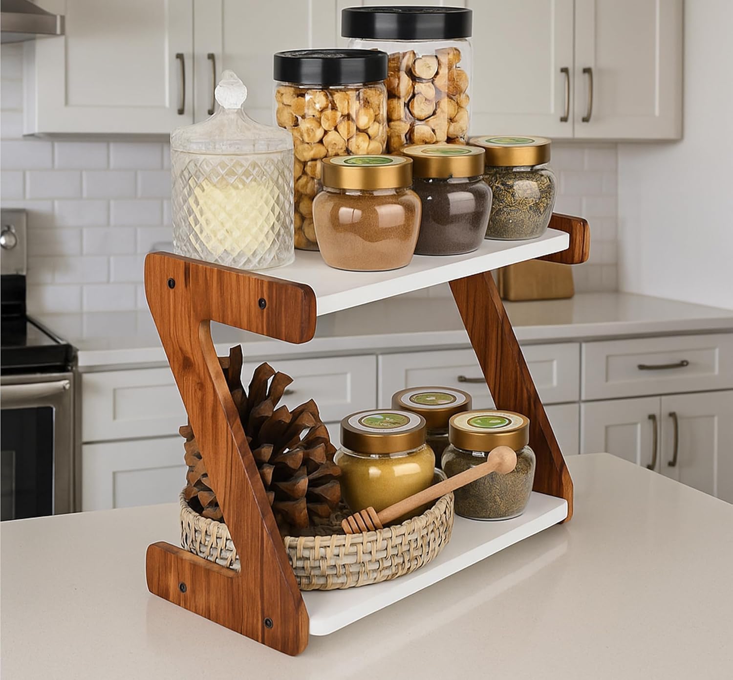 Kitchen Organiser Rack Stand With 2 Tier Storage Z Shape Shelf Compact Shelf For Jars, Utensils & Kitchen Essentials, Space Savi