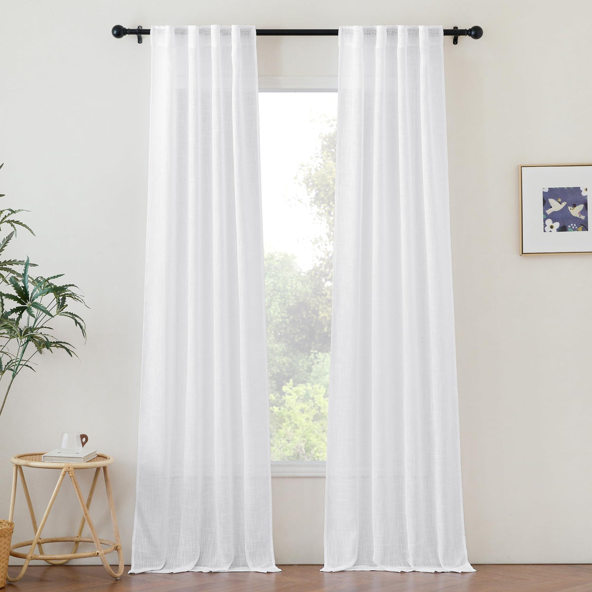 Nicetown White Sheer Curtains 96 Inches Long, Rod Pocket & Back Tab Faux Linen Weave Semi Sheer Window Treatments Privacy With L